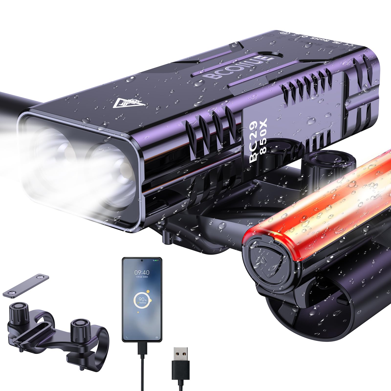BCOIIUE Bike Lights Front and Back Bright/Ultra Hard T6 Aluminum/ 74+H Battery/Quick Release/Waterproof Rechargeable Suitable for Long Distance/Mountain/Off Road/Beach/Outdoor Cycling