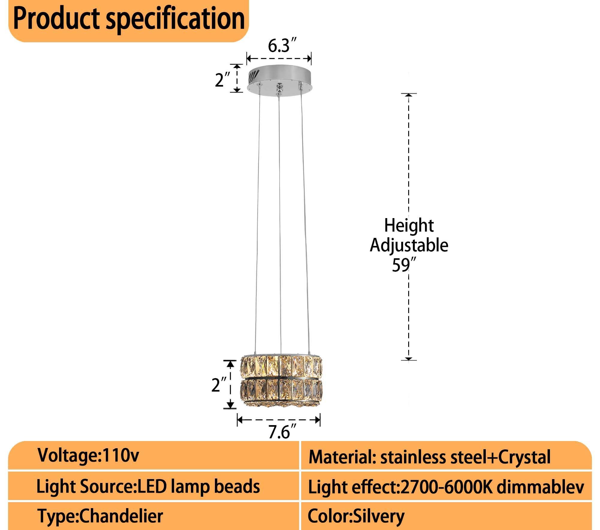 Idequy Modern Crystal Chandelier For Dining Room Luxury Silver Crystal Chandelier For Living Room Dimmable Led 7.8'' Ring Pendan