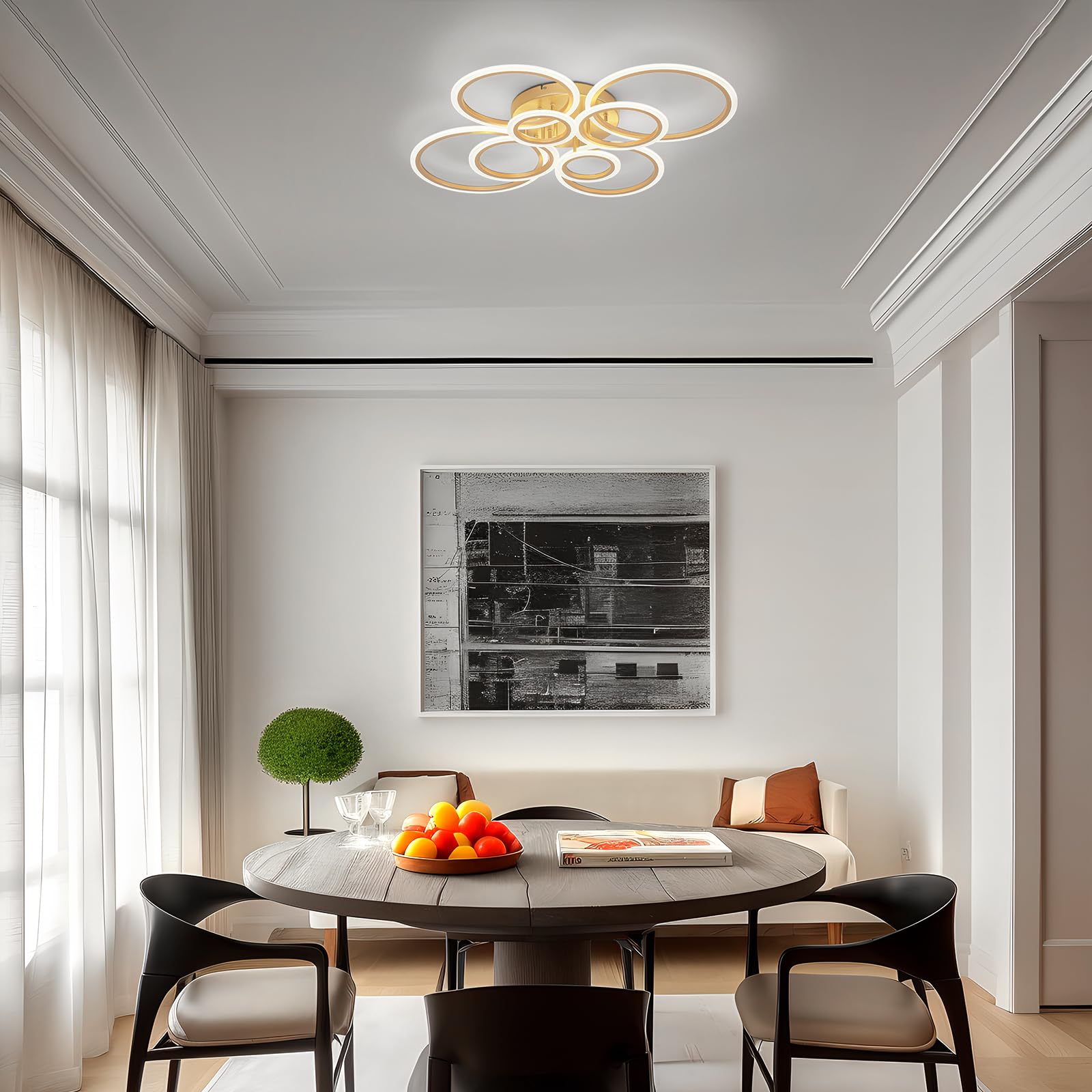 Teminbu Modern Led Ceiling Light, Gold 8 Rings Flush Mount Ceiling Light, 4000K Lighting Fixture Ceiling Lamp For Kitchen, Bedro