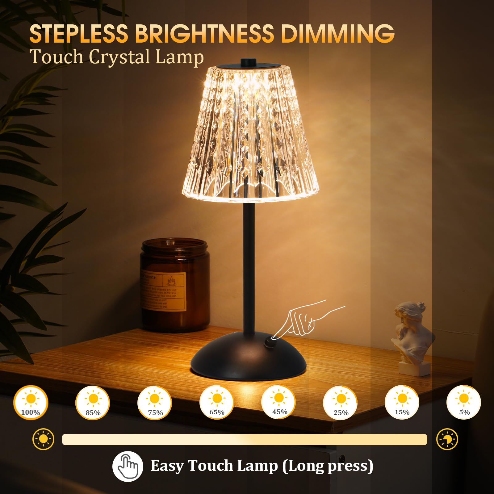 Nusogon Cordless Touch Table Lamp, 3500Mah Rechargeable Small Dask Lamp, 3 Colors Dimmable Battery Operated Crysta Lamp For Bedr