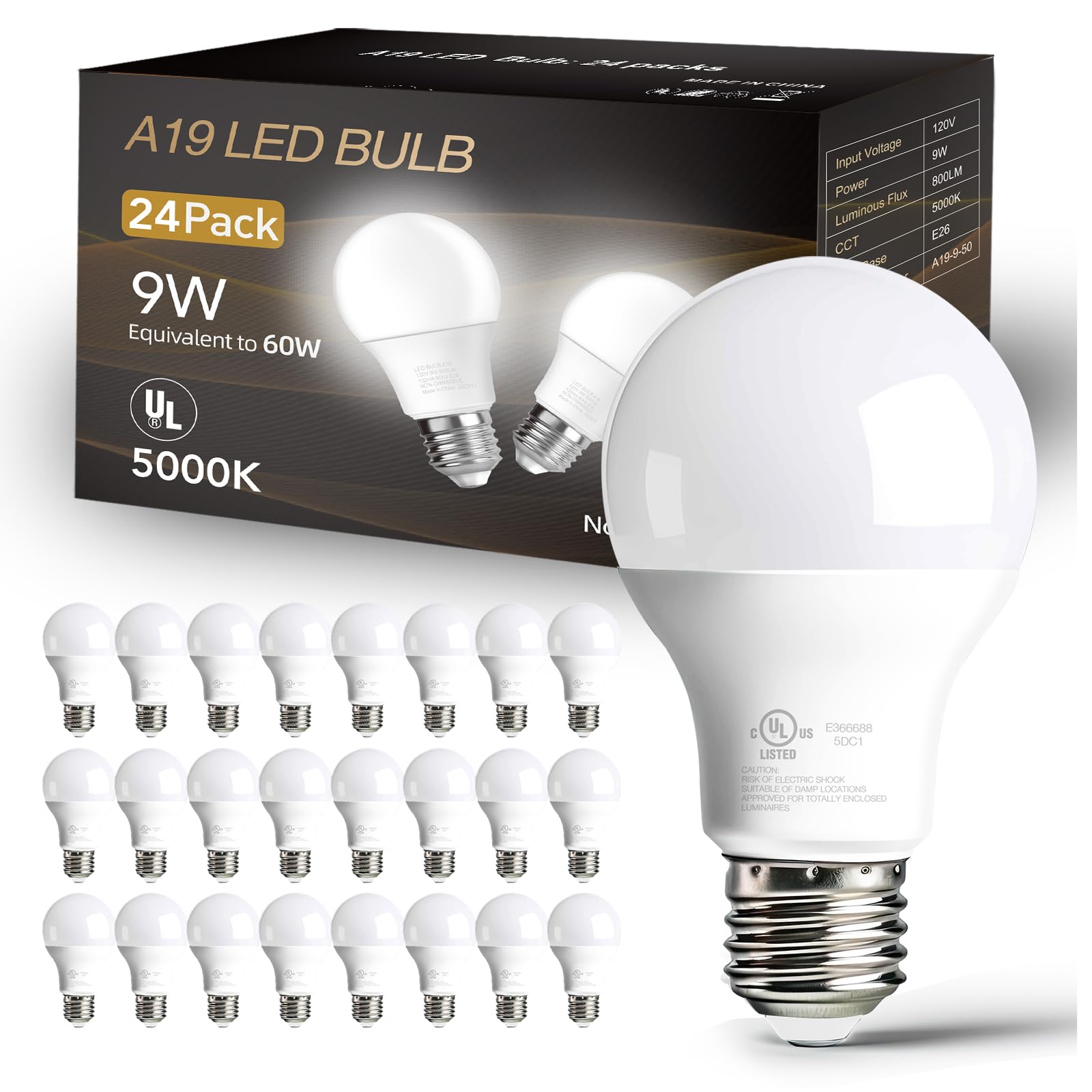 dalattin 24 Pack LED Bulbs Daylight White 5000K, 60 Watt Equivalent A19 Standard Bulbs, E26 Base, 800 LM, Efficient 9W Energy Saving, Non-Dimmable, 80+ CRI, 120V, UL Listed, for Living Room, Office
