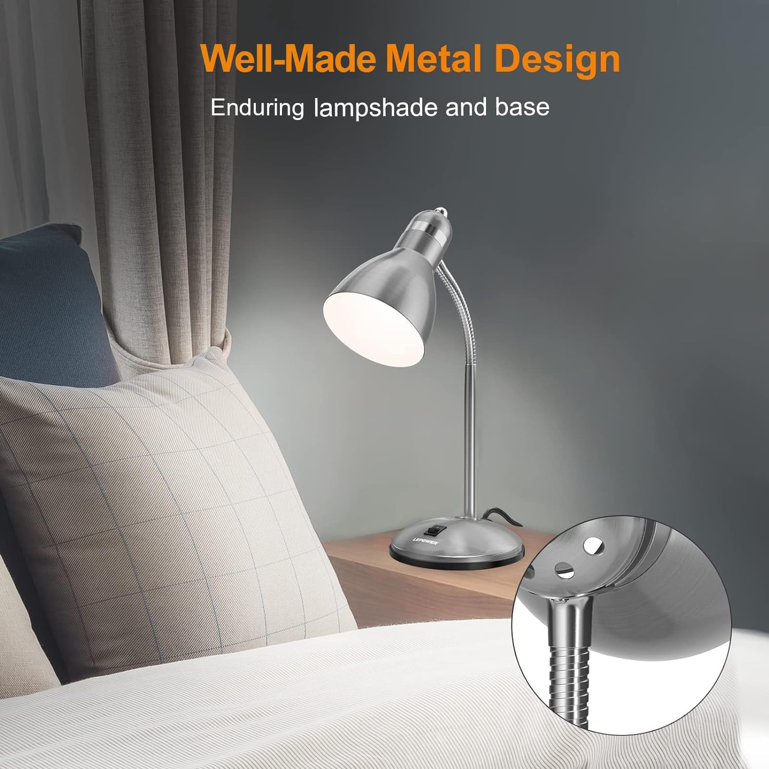 LEPOWER Adjustable Metal Desk Lamp, Eye-Caring Goose Neck, Silver, Model UT2032 for Bedroom, Study, Office