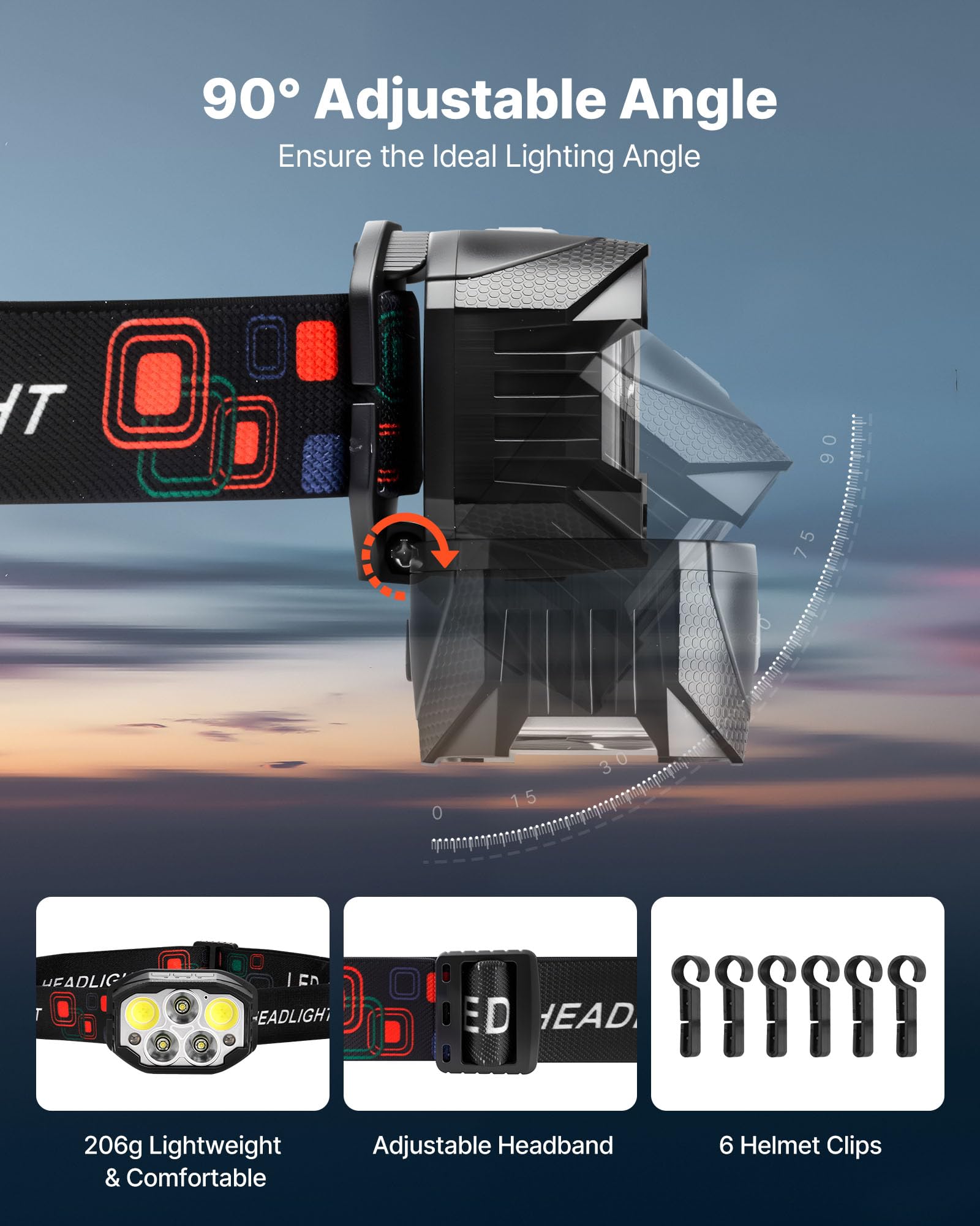 VEVOR 2 Pack Headlamps, Bright LED Rechargeable Headlight, Lightweight Head Flashlight with 12 Lighting Modes & Motion Sensor, A