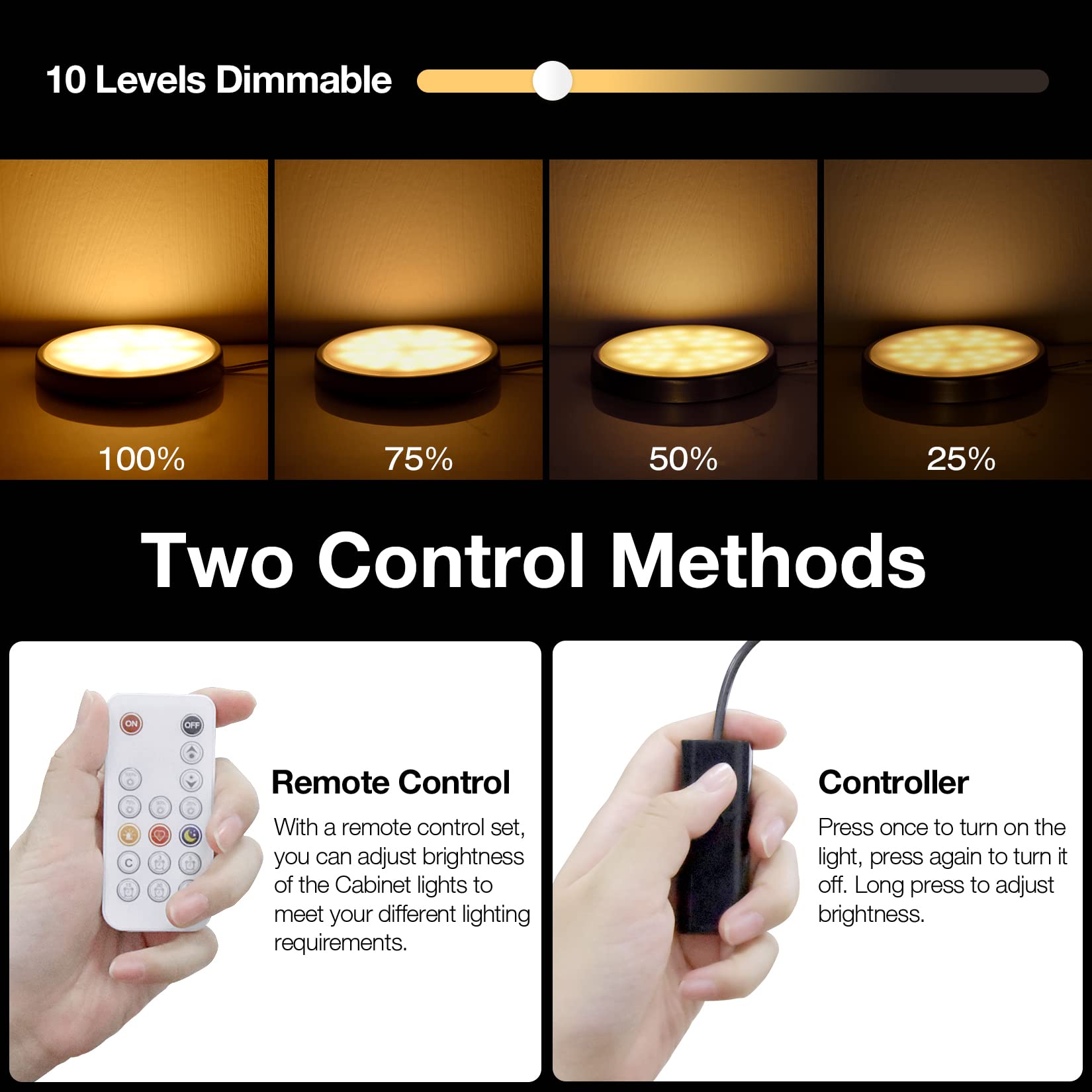 WOBANE LED Under Cabinet Lights, 9W Dimmable Puck Lights, 700 Lumens, Warm White, Set of 4, Black Housing, Model CS211