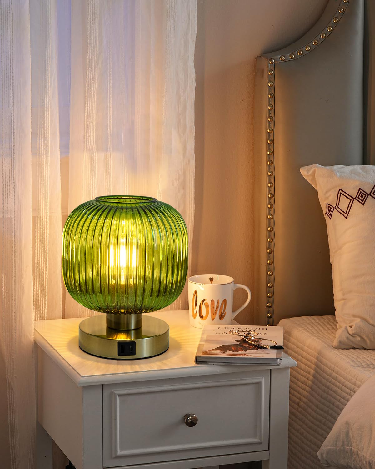 Elenhome Elegant Green Glass Touch Table Lamp - 3 Way Dimmable, USB Charging Ports, 1 Pack, Model WN-CL05