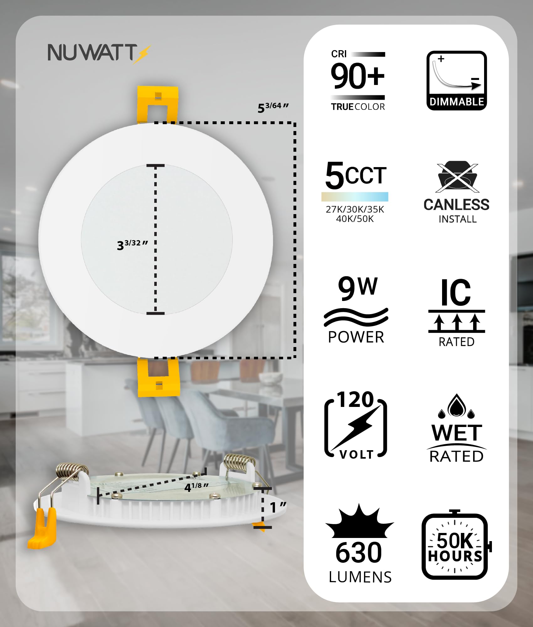 Nuwatt 12 Pack, 4 Inch Ultra-Thin Led Recessed Lighting, 5Cct 2700K/3000K/3500K/4000K/5000K Selectable, 630Lm, 9W, Ic Rated, Dim