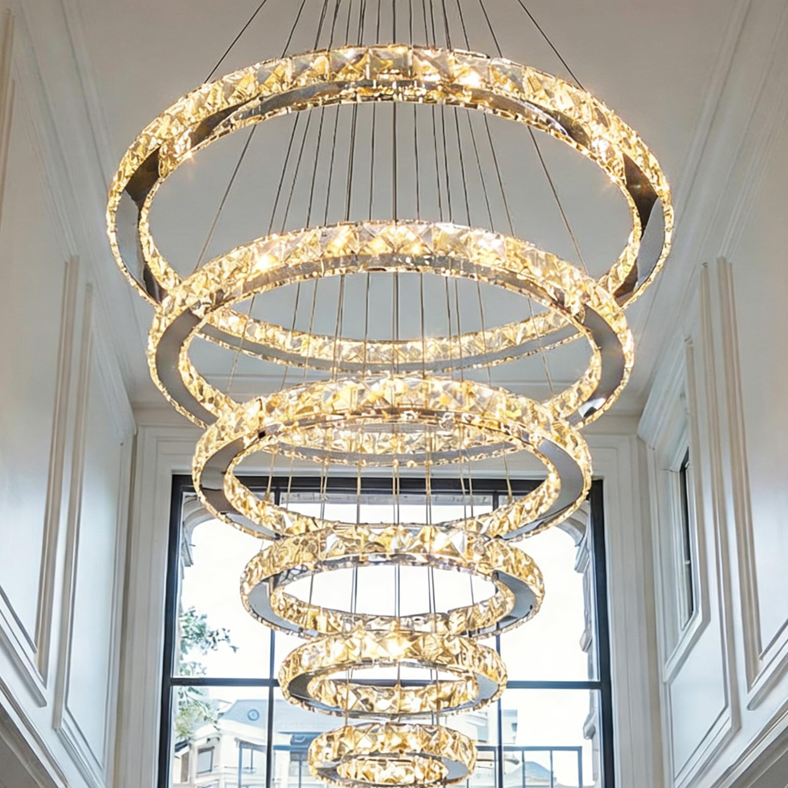 Modern Crystal Chandelier for High Ceiling Lights Fixtures Elegant 6 Ring Led Chandelier for Dining Room Big High Ceilings Foyer Chandeliers for Living Room Entryway Staircase  D8-12-16-20-24-28