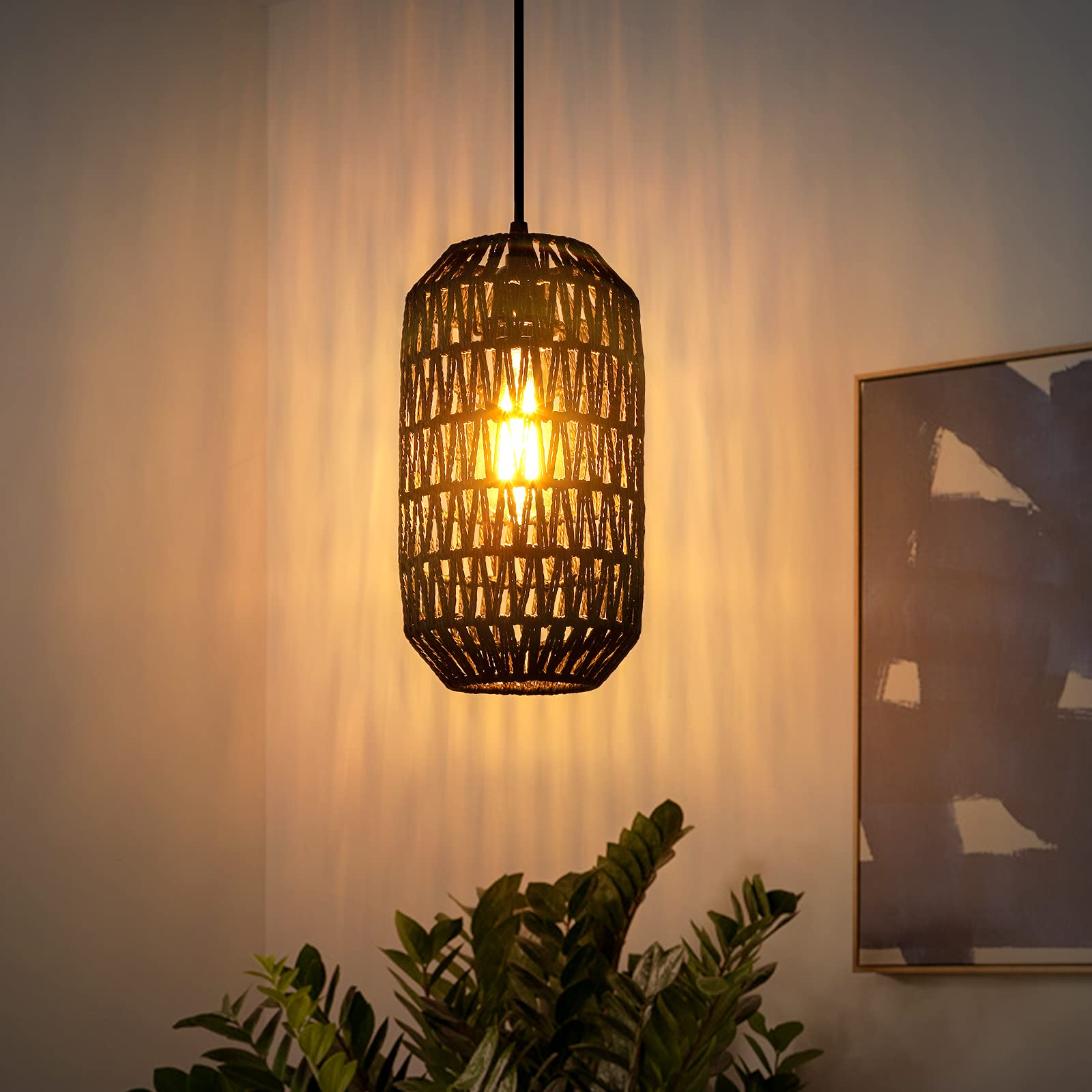 Ruzectt Rattan Pendant Light with 15ft Dimmable Cord, Boho Wicker Hanging Lamp, Black-B, Model DD-RZ-128 for Kitchen & Living Room