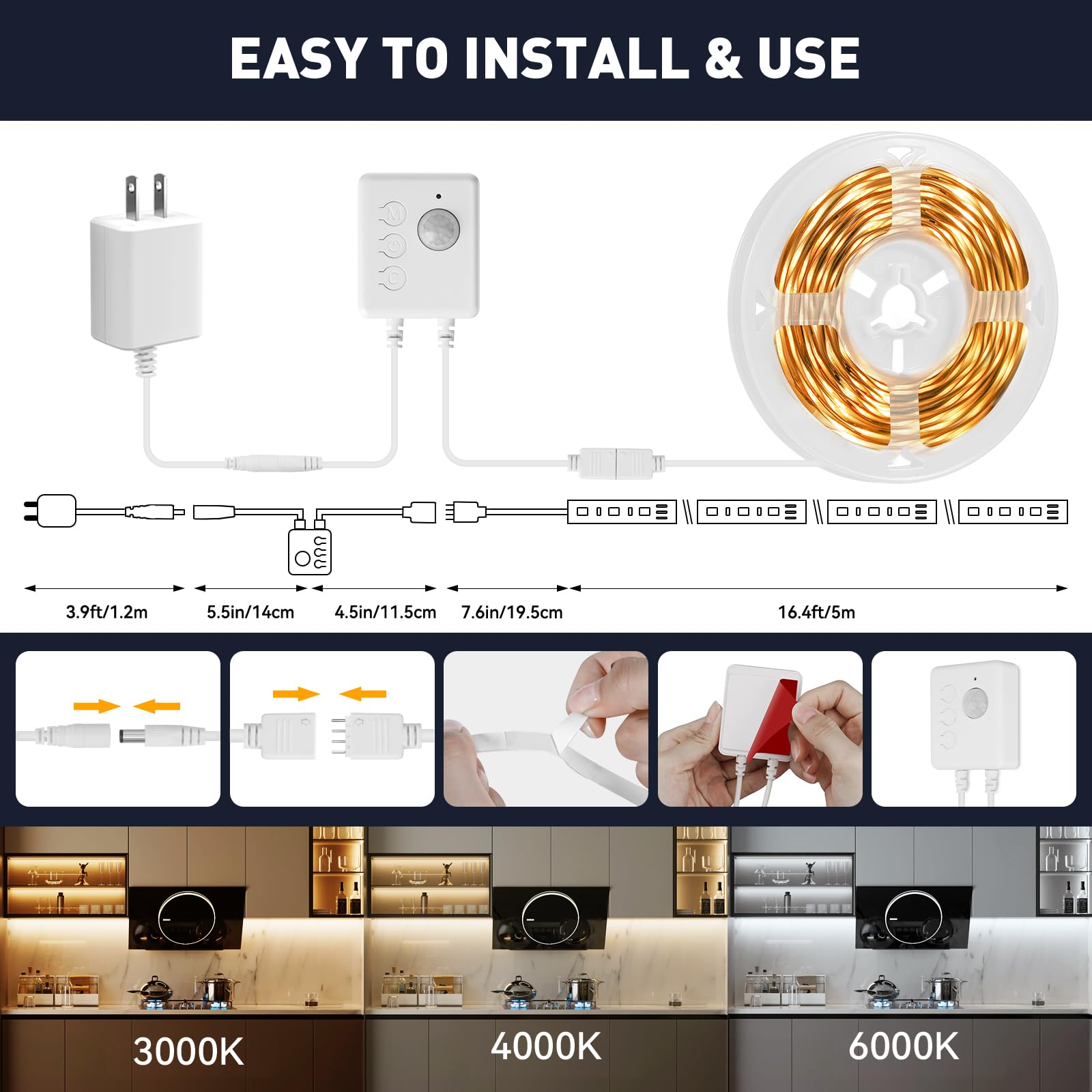 Huemihui 16.4Ft Motion Activated Led Strip Lights, 150 Leds, Dimmable 3000-6000