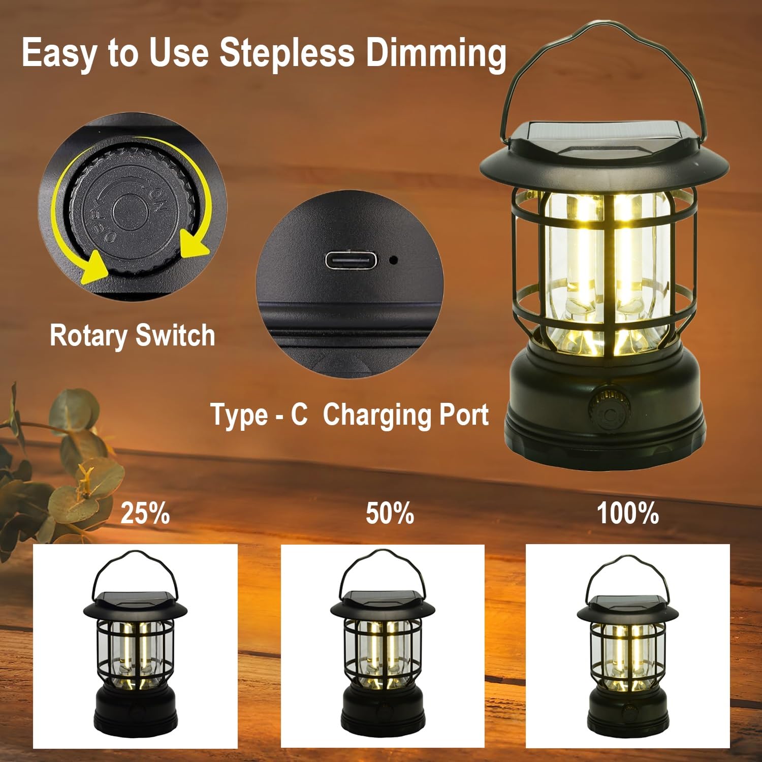 Solar Camping Lantern, USB Rechargeable Retro Dimmable Horse Camp Lamp Outdoor IPX4 Waterproof Vintage Portable Tent Light for I
