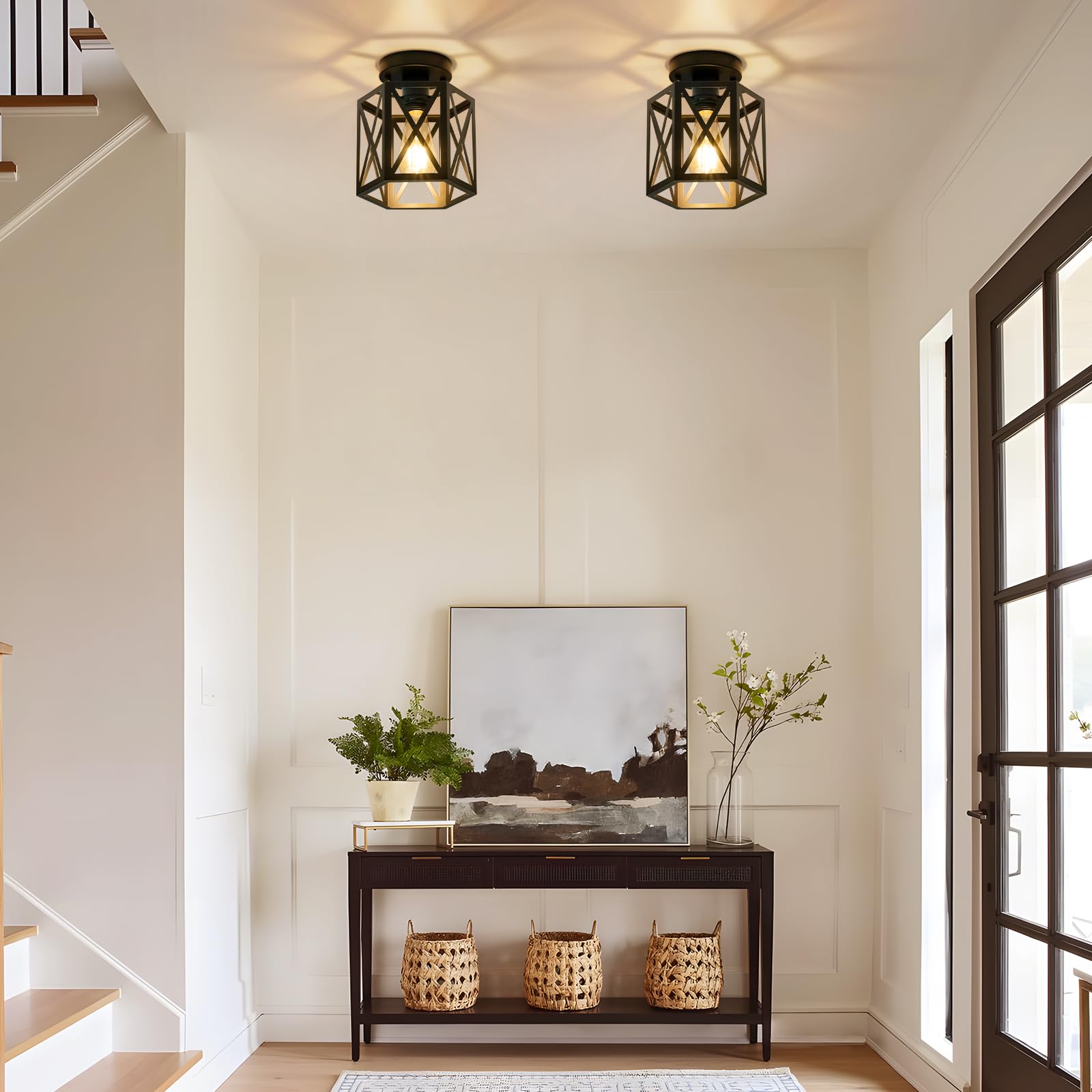 Oteedo Modern Semi Flush Mount Ceiling Light 1-Light Hexagon Flush Mount Ceiling Lights For Dining Room Light Fixture Farmhouse Black Metal Kitchen Island Lighting Fixtures For Hallway Bathroom