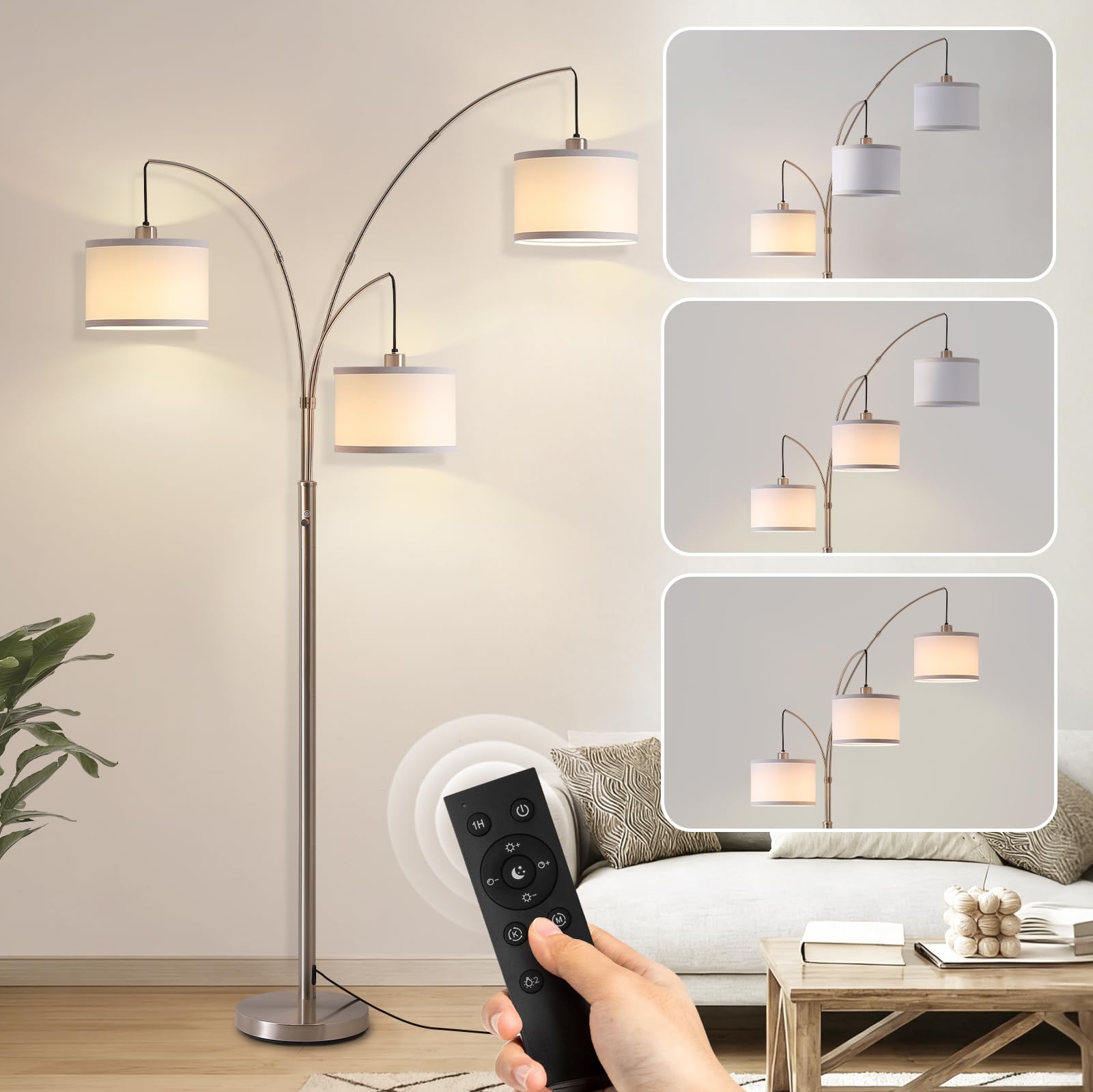 Fansdrick Floor Lamps for Living Room, 2400LM Super Bright Arc Floor Lamp with Remote Control, 3 Light Tall Floor Lights with St