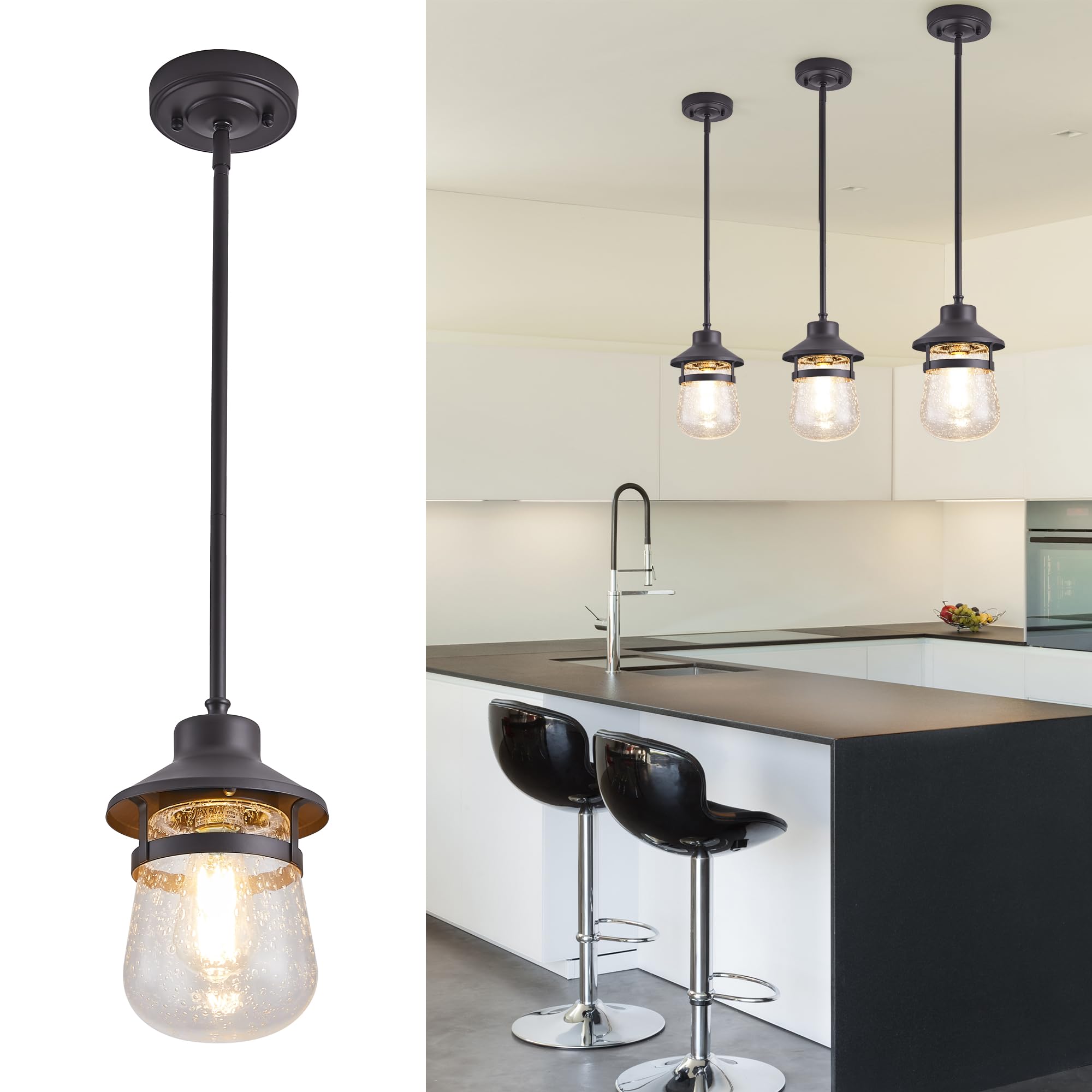 Adjustable Mini Pendant Hanging Fixtures with Seeded Glass Shade,Oil Rubbed Bronze,3 mounting options or Pitched Roof,Farmhouse 