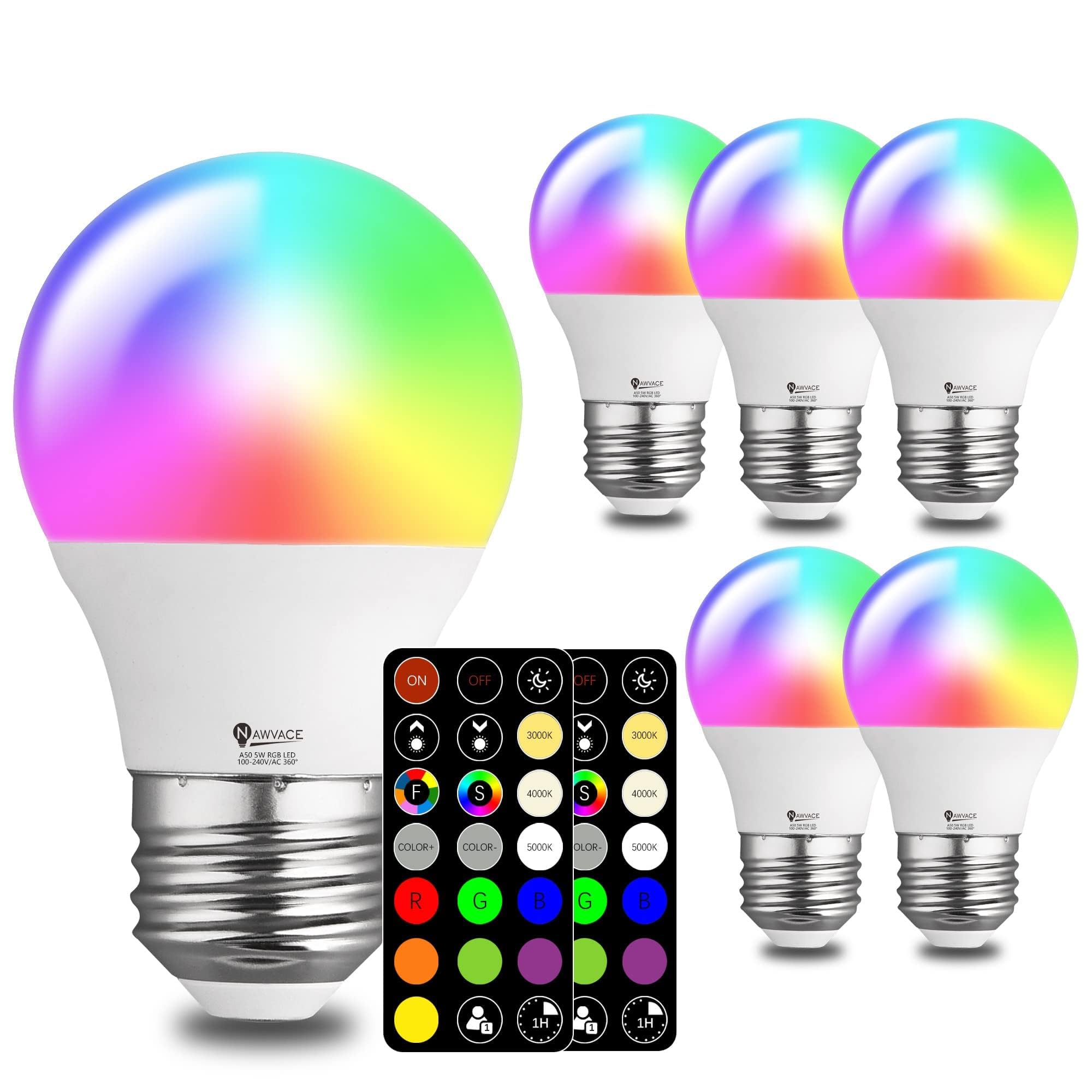 NAWVACE RGB Color Changing Light Bulb with Remote Control, 5W 40W Colored Light, 30 Color RGB for Bedroom, Living Room, 6-Pack
