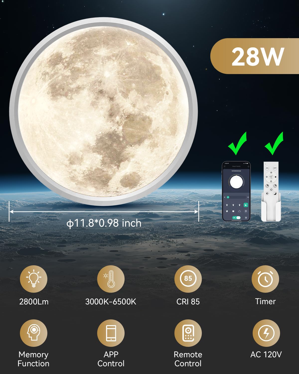 Aphyni 12 Inch Led Flush Mount Ceiling Light - 28W Remote Control 3000K-6500K Adjustable Ultra Thin For Bedroom Kitchen