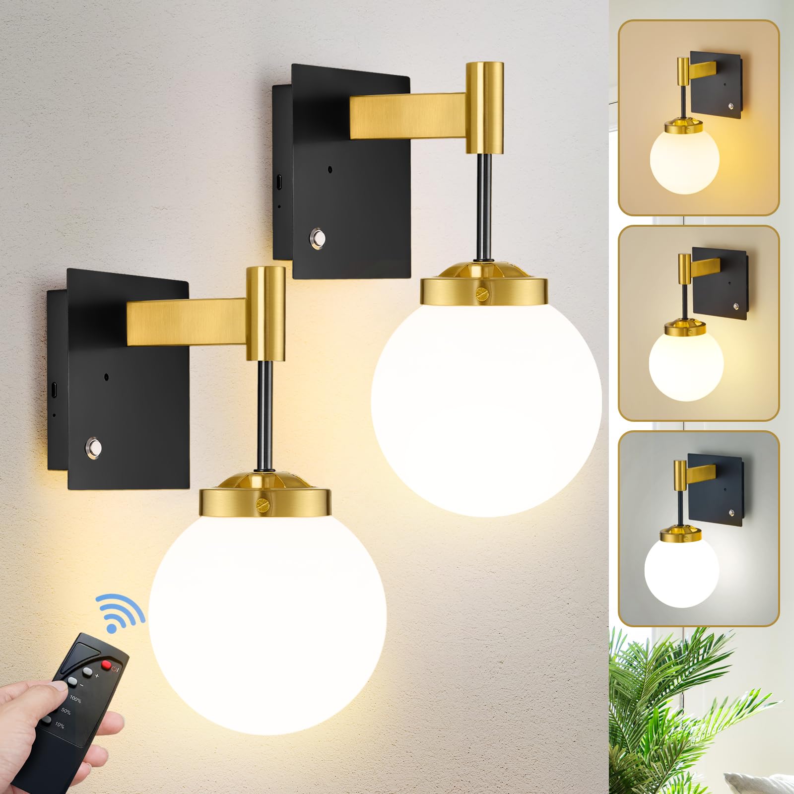 Gold Battery Operated Wall Sconce Set Of 2, 3 Color Rechargeable Wall Light With Remote And Touch Control, Wireless Battery Lamp