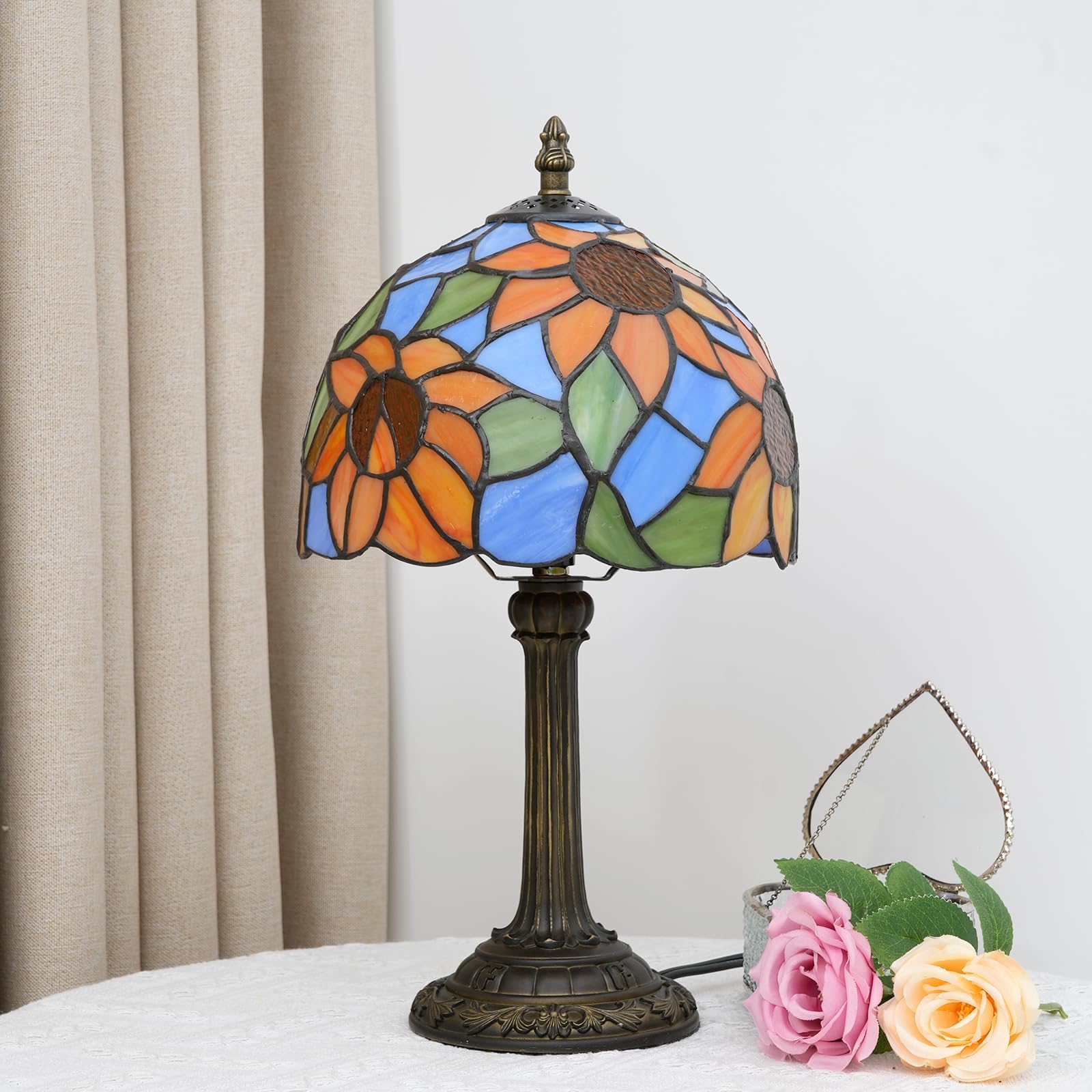 Wecrejoni Tiffany Lamp Bedside Table Lamp-Nightstand Stained Glass Lamp For Bedroom Dorm Living Kitchen  Aesthetic Cute Home Decor Gift (Blue Background Sunflower)
