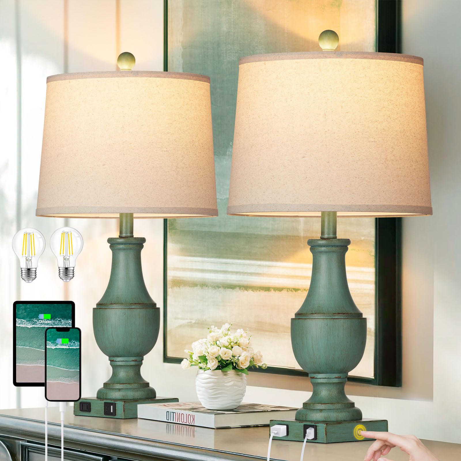 Farmhouse Table Lamps for Living Room, Rustic Touch Control Bedside Lamps with USB A+C Charging Ports & AC Outlet, Vintage 3-Way