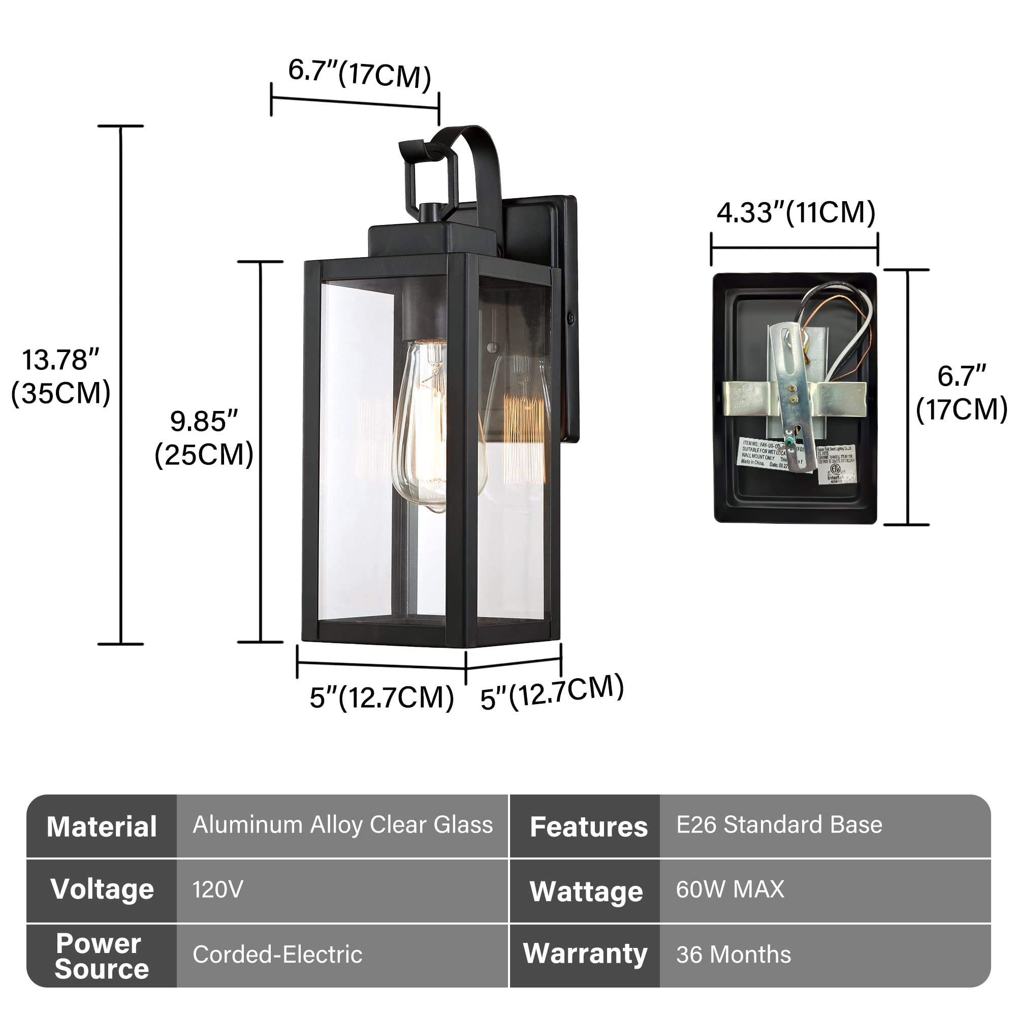 Pia Ricco Matte Black Outdoor Wall Lights, 14" Waterproof Sconces with Clear Glass Shade, ETL Listed, Model 12151