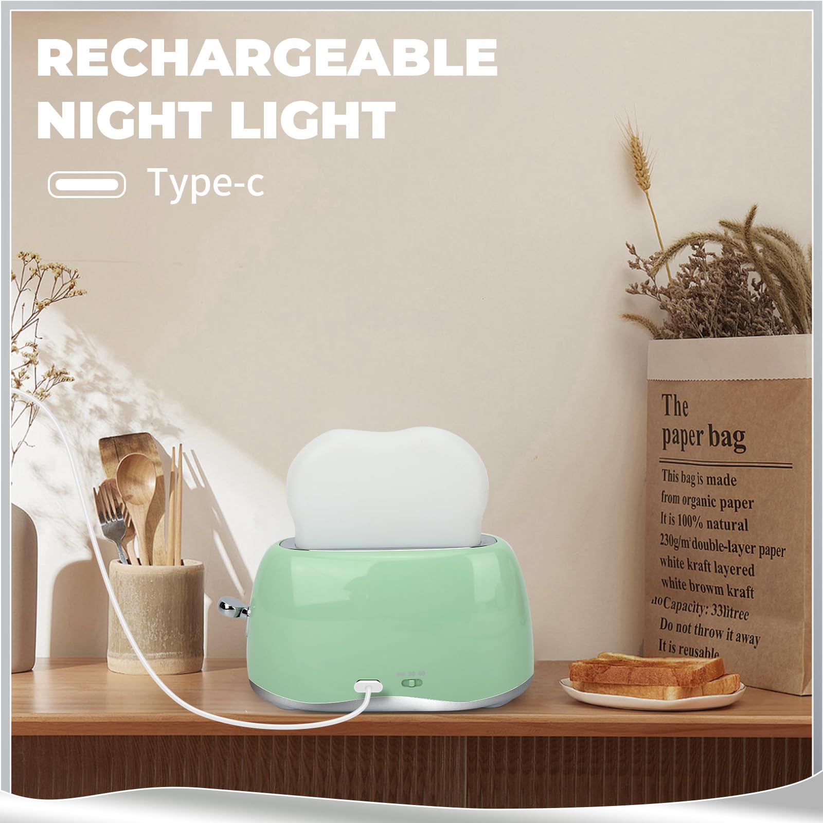 QANYI Retro Toaster Lamp, Rechargeable Desk Light, Small Size, Sage Green