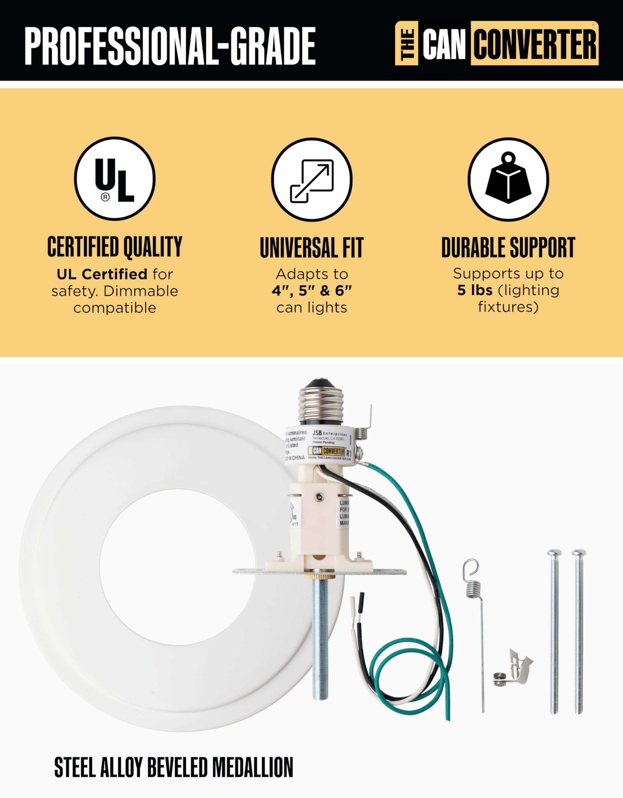 The Can Converter - R1, Recessed Can Light Conversion Kit, For Ceiling Light Fixture, Recessed Lighting, Pendant Light, Hanging Light, For Home Improvement, With 8¼ Beveled Ceiling Medallion, White