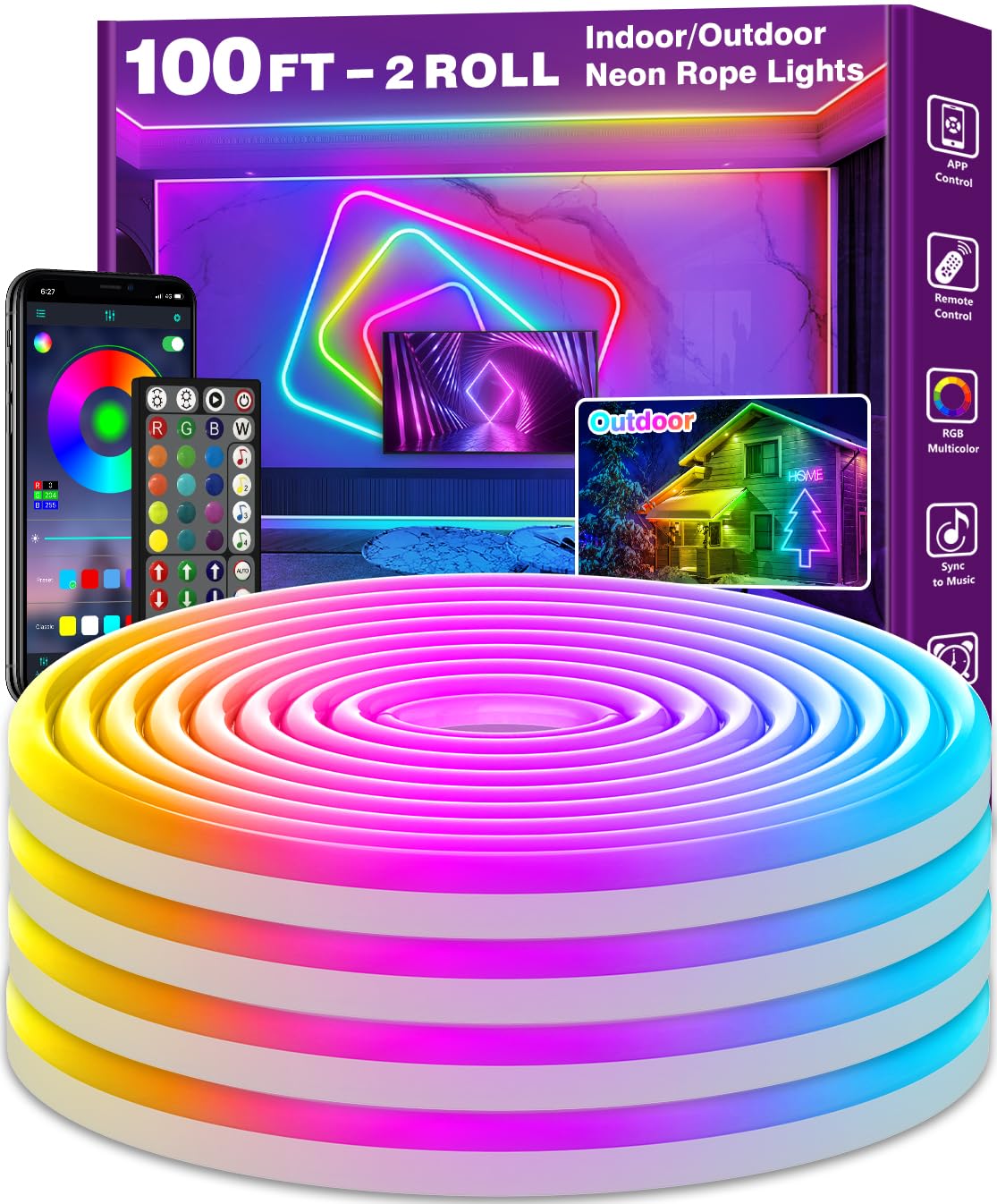 AILBTON LED Neon Rope Lights, 100FT Flexible RGB Silicone Lights with App/Remote Control, Music Sync, for Indoor/Outdoor Use