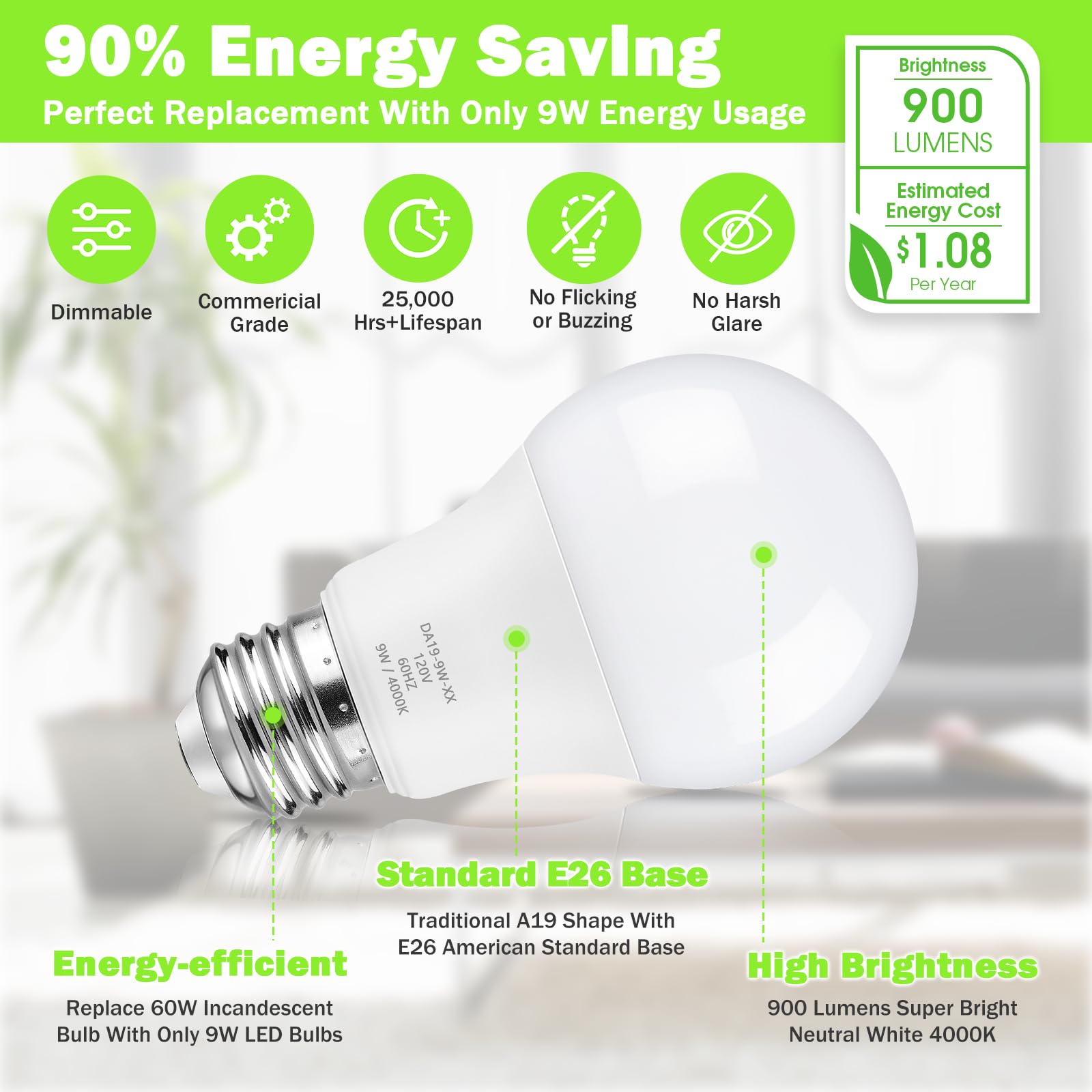 Maylaywood A19 Led Light Bulb, 60 Watt Equivalent Led Bulbs, 4000K Neutral White, 900Lm, E26 Base, Dimmable, 9W Bright White, 4-Pack