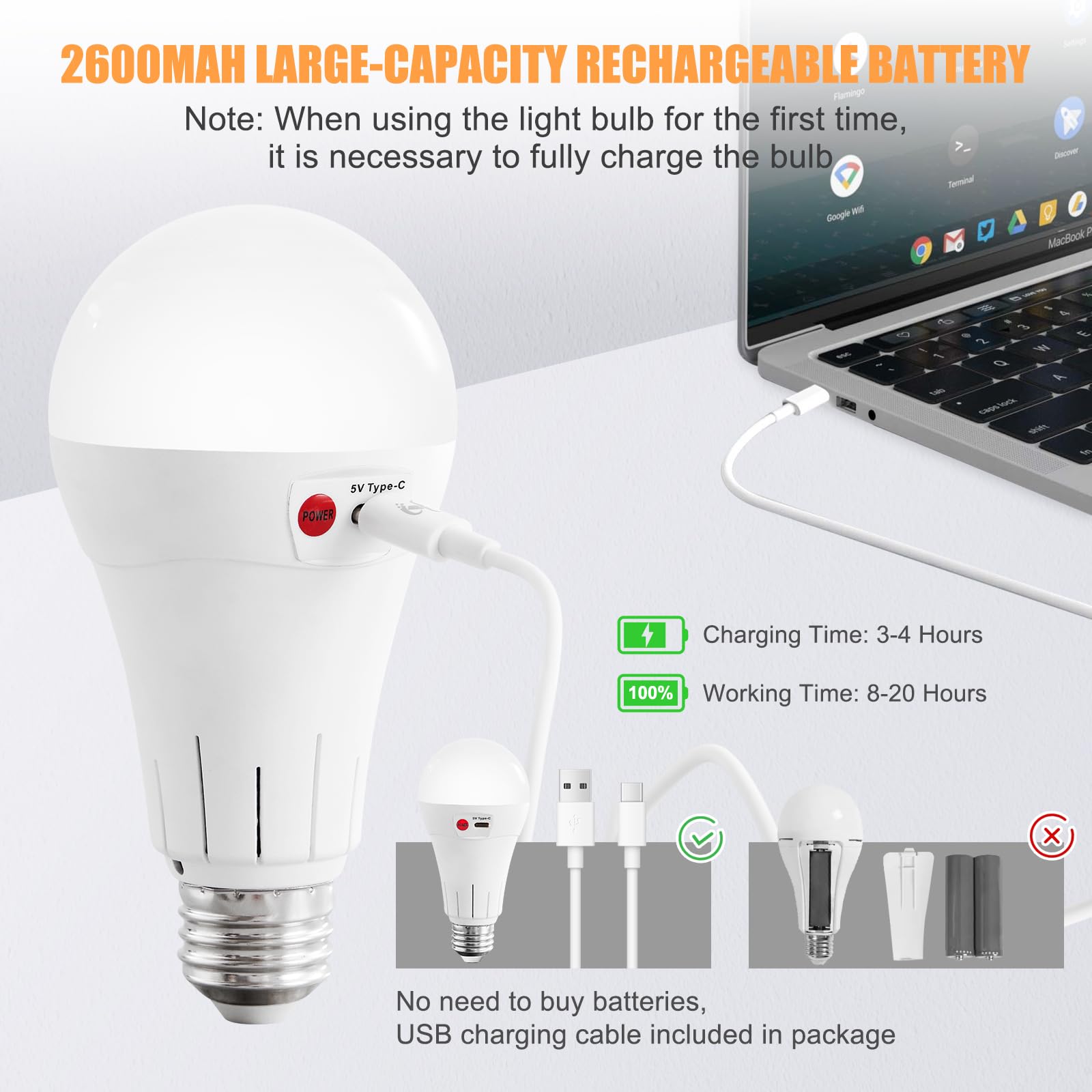 Vitnucrol 4 Pack Rechargeable Light Bulbs With Remote, E26 Wireless Battery Operated Light Bulb For Lamps, 2600Mah Dimmable Time
