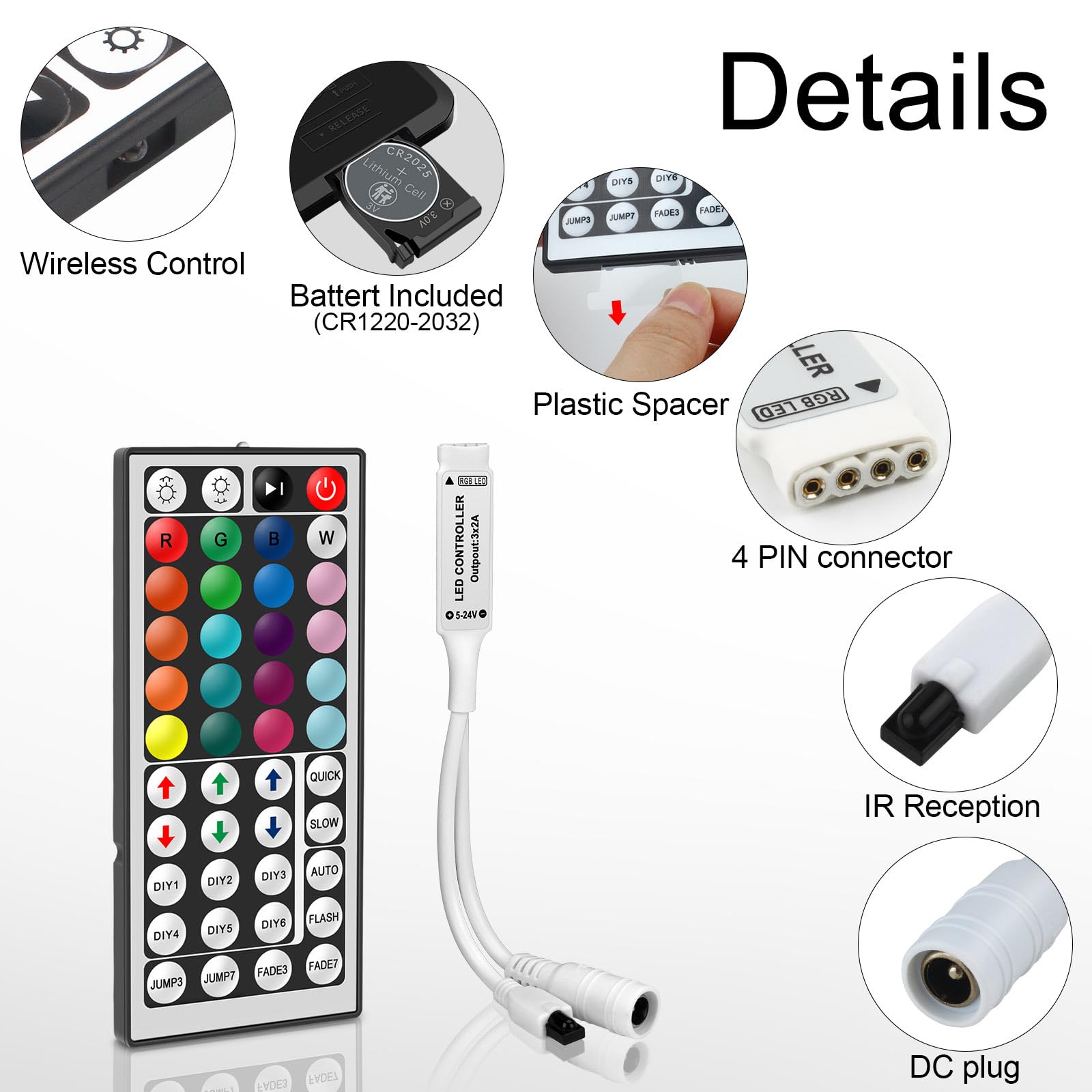 VIPMOON 44 Key IR RGB LED Strip Light Remote Controller, 5V-24V, Wireless, for SMD 5050/3528/2835, Multicolored, Model
