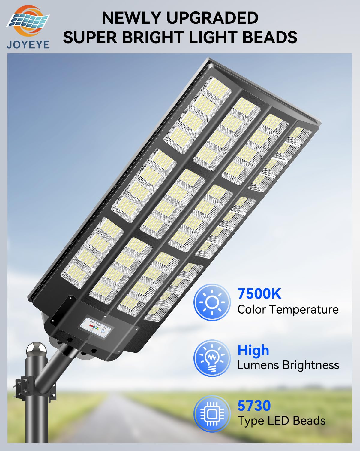 JOYEYE 10000W Solar Street Lights - IP66 Waterproof, Motion Sensor, Remote Control, 2 Pack, Black, Model ts032