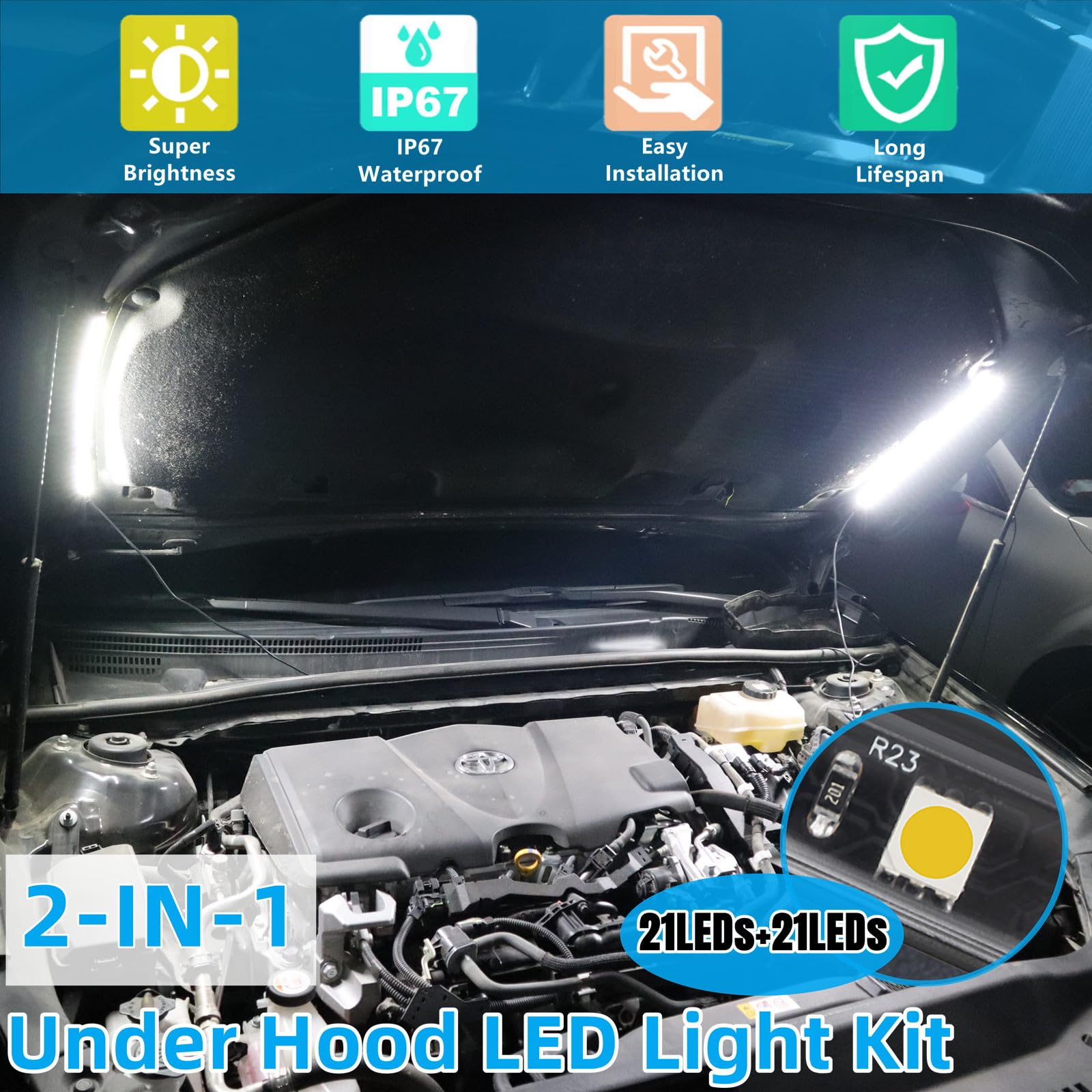 Greceyou 2-In-1 Under Hood Led Light Kit, Waterproof 12V Car Led Light Bar Car Underhood Work Lights With Automatic On/Off, 2Pcs 36Cm/14.17In 21Leds Light Strip Kit, Universal Fits Any Vehicle