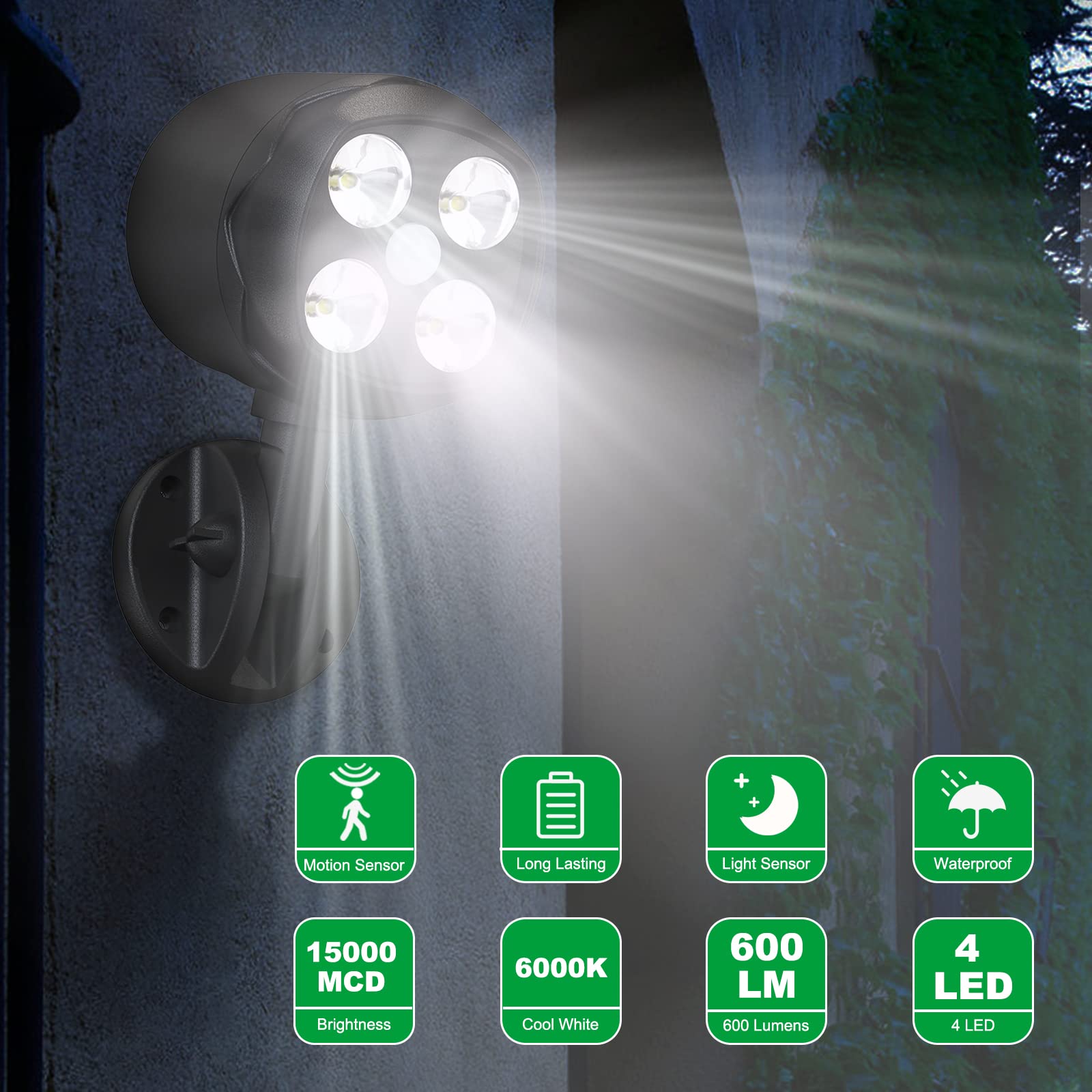 Quiltered Motion Sensor Outdoor Lights, Battery Operated Outdoor Lights, 600Lm Motion Detector Lights For Outside, 6000K Led Sec
