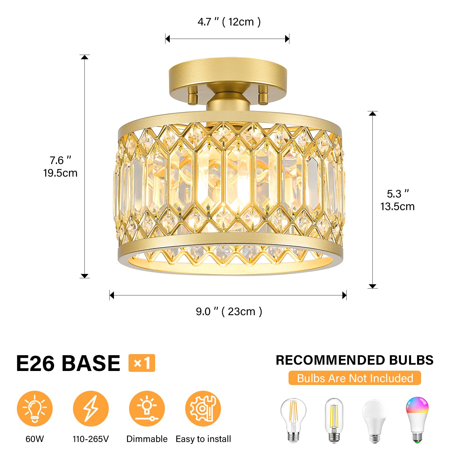 YURNYQ Crystal Ceiling Light Fixture, Modern Semi Flush Mount, 9.05in, Gold, Metal, Model 241017001