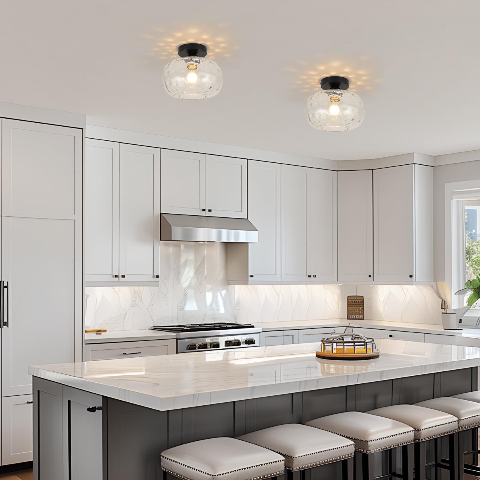 Wilon Industrial Semi Flush Mount Ceiling - 9.84'' Hammered Glass Ceiling Light Fixture Farmhouse Close To Ceiling Lights Black