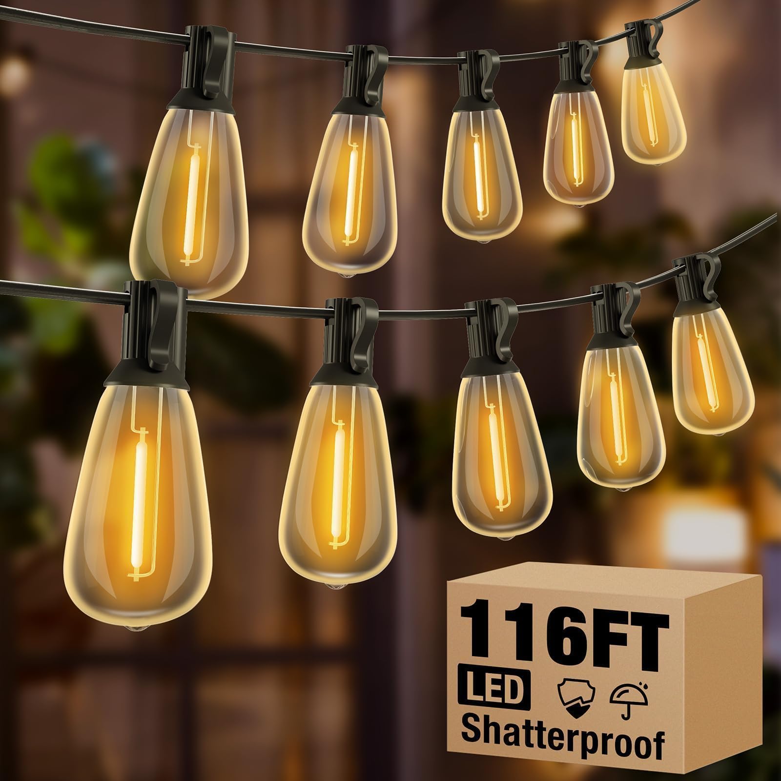 litogo 116FT Patio Lights Waterproof, Led Outdoor String Lights with Edison Bulbs Shatterproof, Soft White Hanging Outside Light