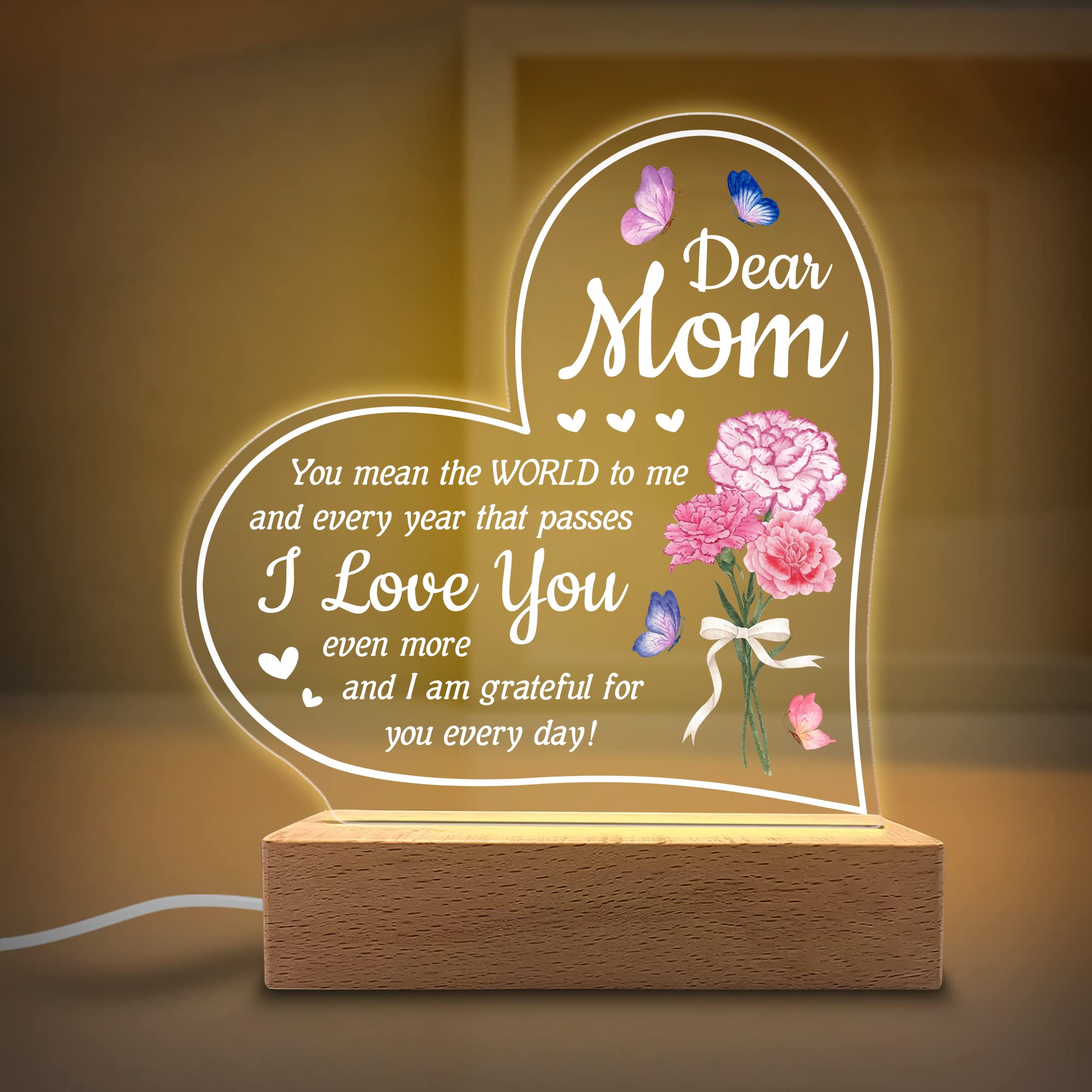KITCHENVOY Acrylic Night Light - You Mean The World to Me - Acrylic Light Gift for Mom from Son, Daughter on Mothers Day - Birth
