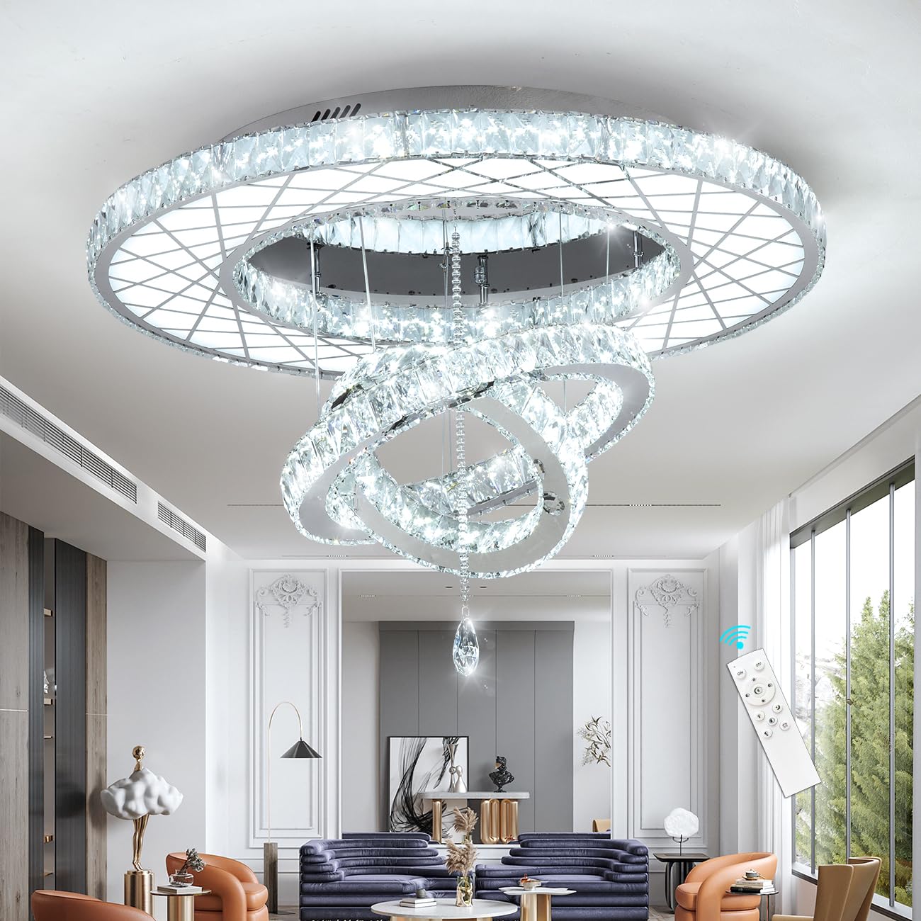 HAIXIANG Crystal Glam Chandelier LED Ceiling Light, Remote Dimmable, 40 Inch, Silver, Model MMQ3831
