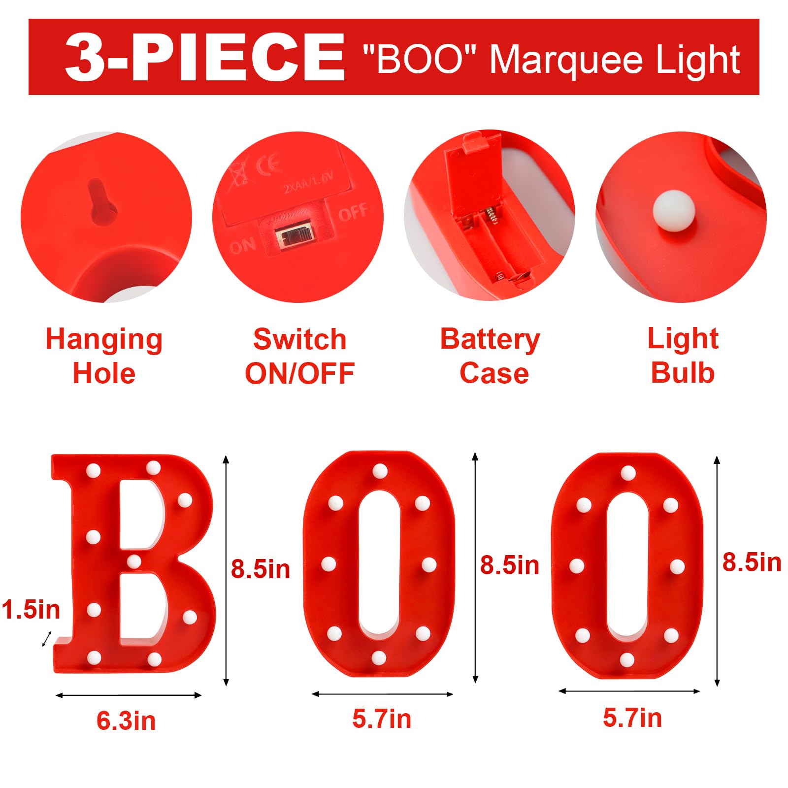 CESOF Boo Sign Light Up Halloween Decor, 8.5 Inch LED Marquee Letters, Battery Powered, Red Plastic, Model Halloween letters light-01