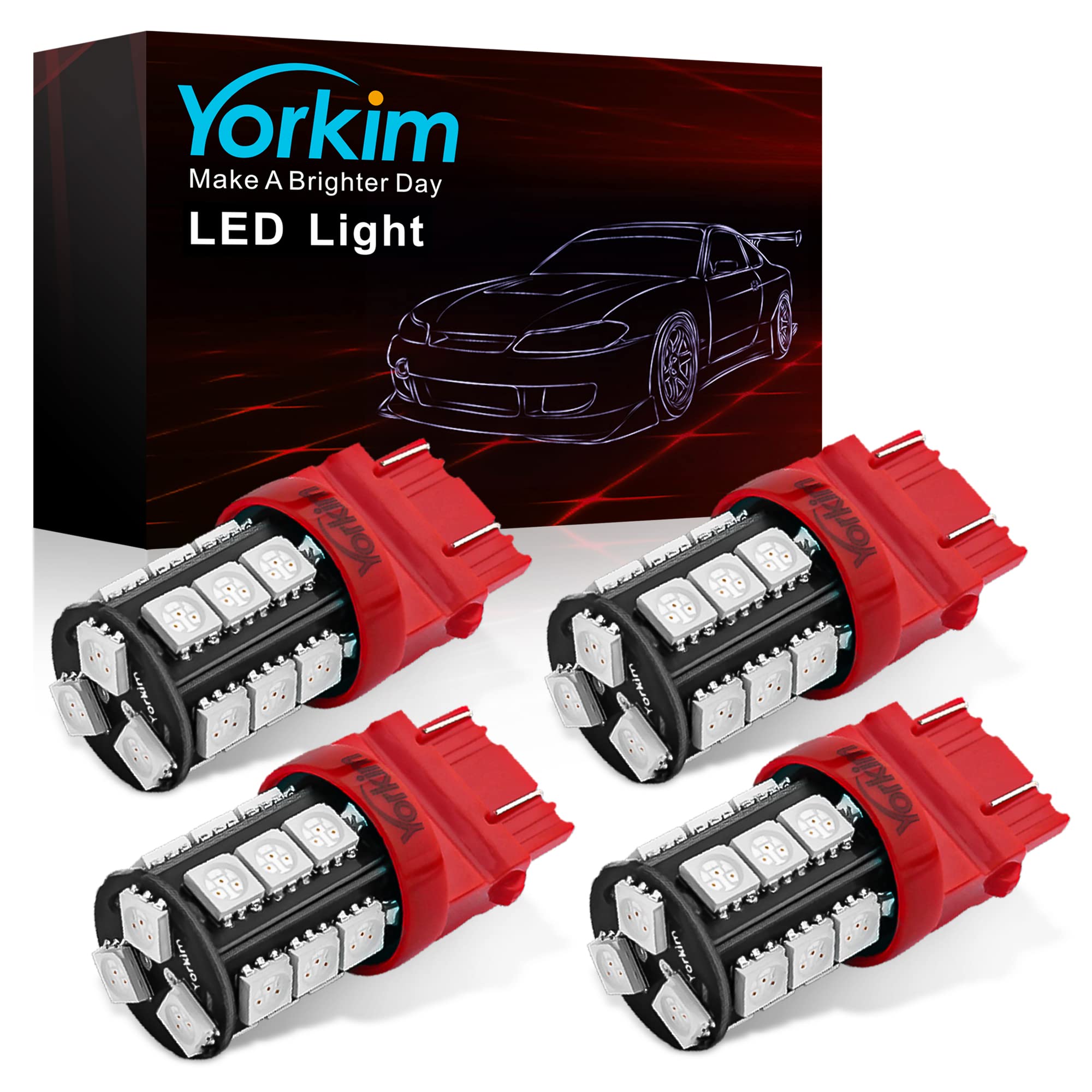 Yorkim LED Light Bulbs, Red, Super Bright, 3157/3156, Pack of 4 for Brake, Backup, and Reverse Lights