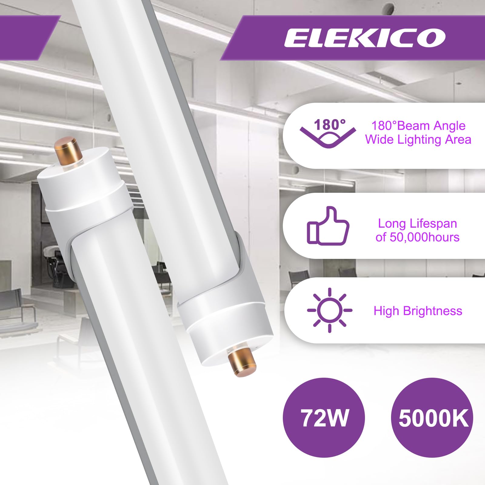 Elekico 8Ft Led Bulbs, Double Row Super Bright 72W 5000K T8 8Ft Led Shop Light Bulbs, 9000Lm Fa8 Single Pin 8 Foot Led Light, 8F
