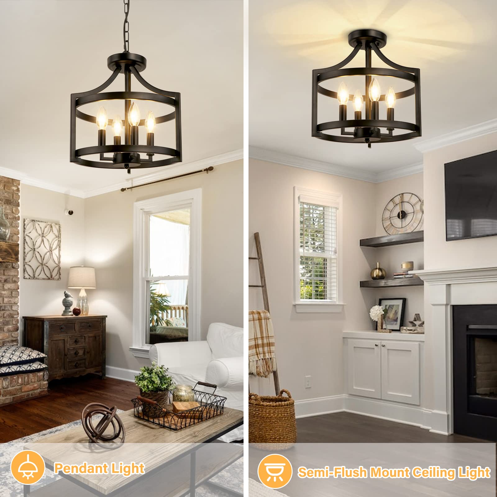 WBinDX 4-Light Farmhouse Chandelier, Metal Pendant Lighting, Convertible Semi Flush Mount, Black, Model D1028S-4-B