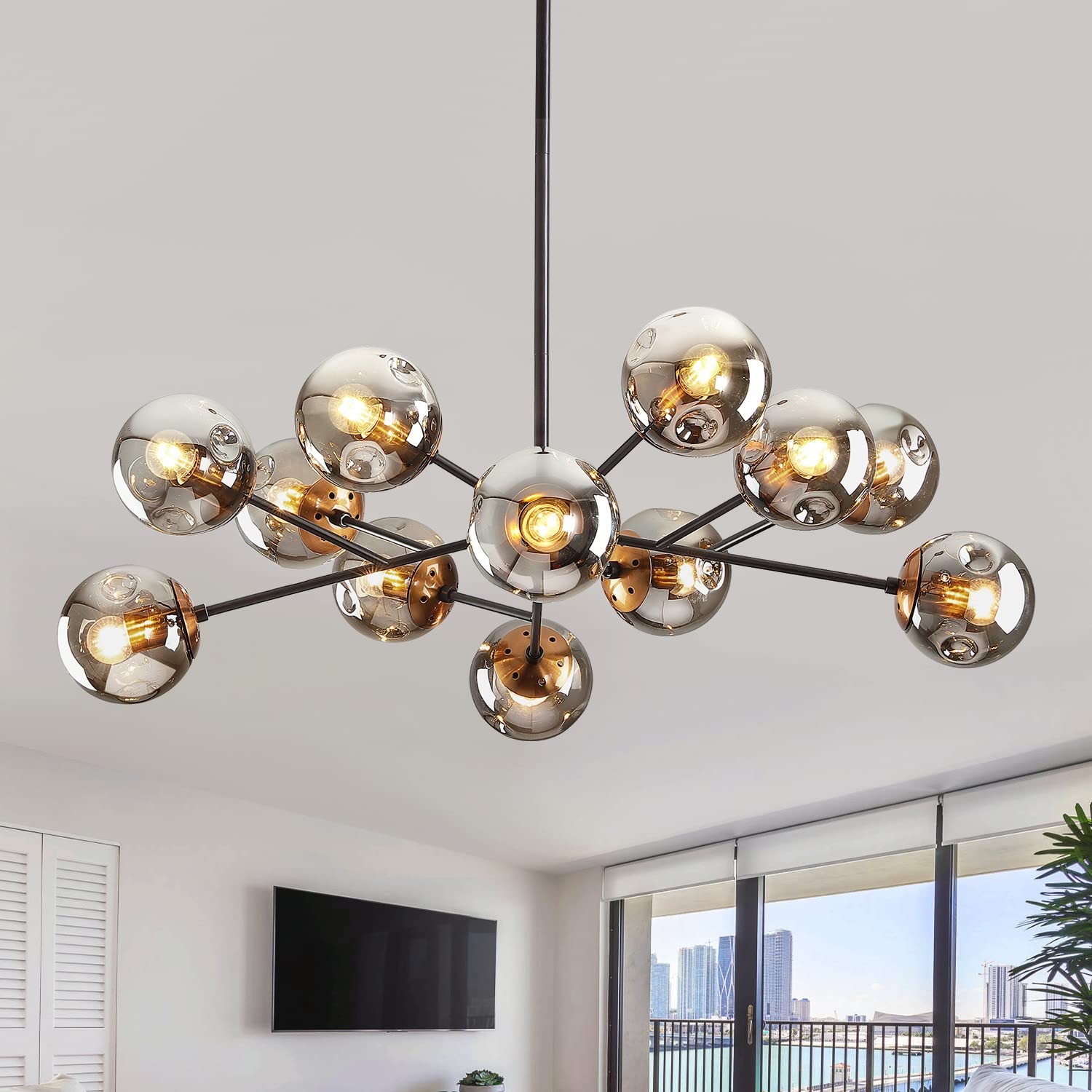 Ddlldeshi Modern Black Chandelier Sputnik Ceiling Light Fixture With 12 Globe Glass Shade Chandeliers For Dining Room Farmhouse Kitchen Living Room Bedroom Office(34" Large Chandelier)