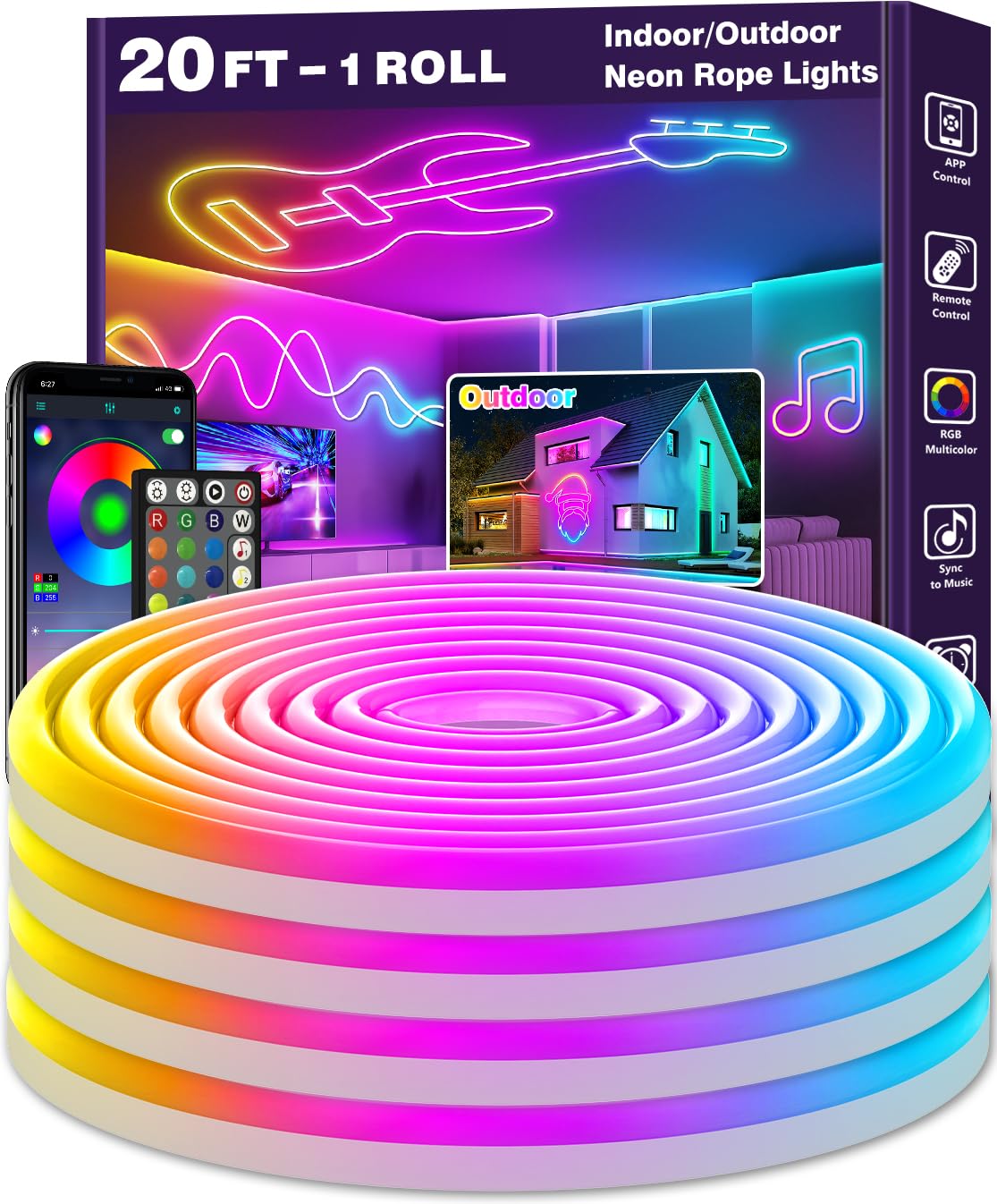 LETIANPAI 20Ft Neon Rope Lights, RGB Waterproof LED Strip, Flexible, App/Remote Control, Music Sync, Model 60, Silicone Material