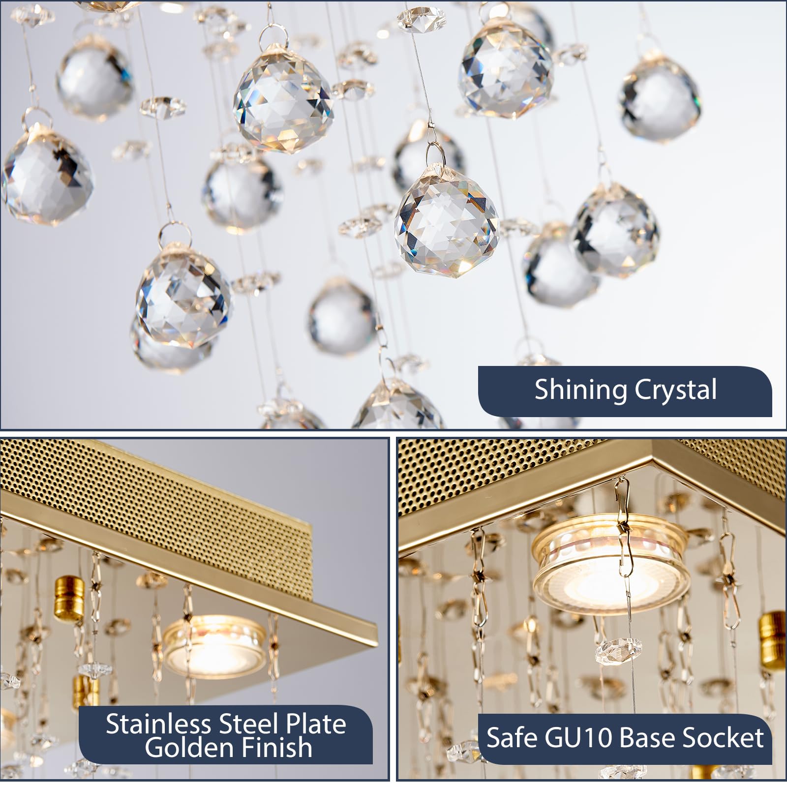 Bestier Gold Crystal Raindrop Chandelier, 12" Wide x 20" High, Metal Flush Mount Light for Dining Room, Bathroom, Bedroom, Model AK-AJ-18178
