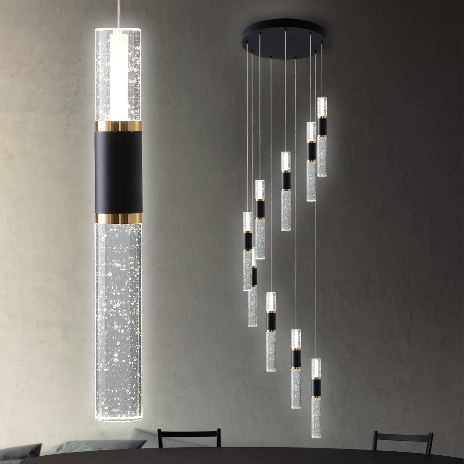 Led Chandelier,Black And Gold Modern Led Chandelier For High Ceilings,9-Light Foyer Chandelier For Entryway,Dimmable High Ceiling Chandelier For Staircase W Remote (3000K-6500K,10%-100% Brightness)