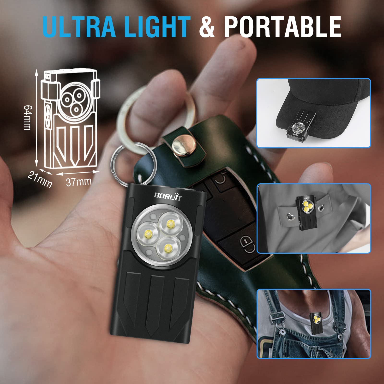 BORUIT V7 LED Mini Flashlight - 1100 Lumens, USB-C Rechargeable, IPX5 Waterproof, Black, Aluminum, 10 Modes, Keychain Clip