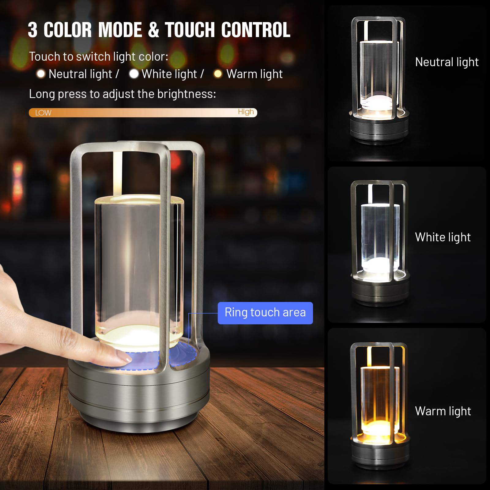 Keweis Cordless LED Table Lamp, Rechargeable, 3 Color Touch Control, Aluminum, Silver, Model SD-TL