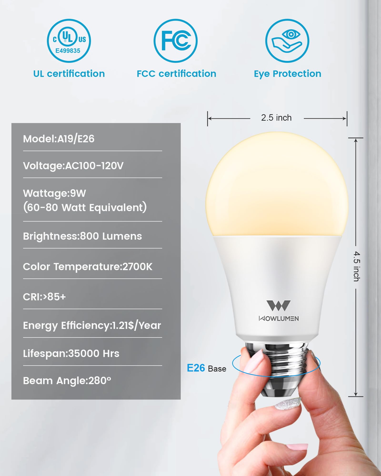 WOWLUMEN A19 LED Light Bulb, 9W (60/80W Equivalent), 2700K Warm White, 800LM, 4 Pack, Plastic