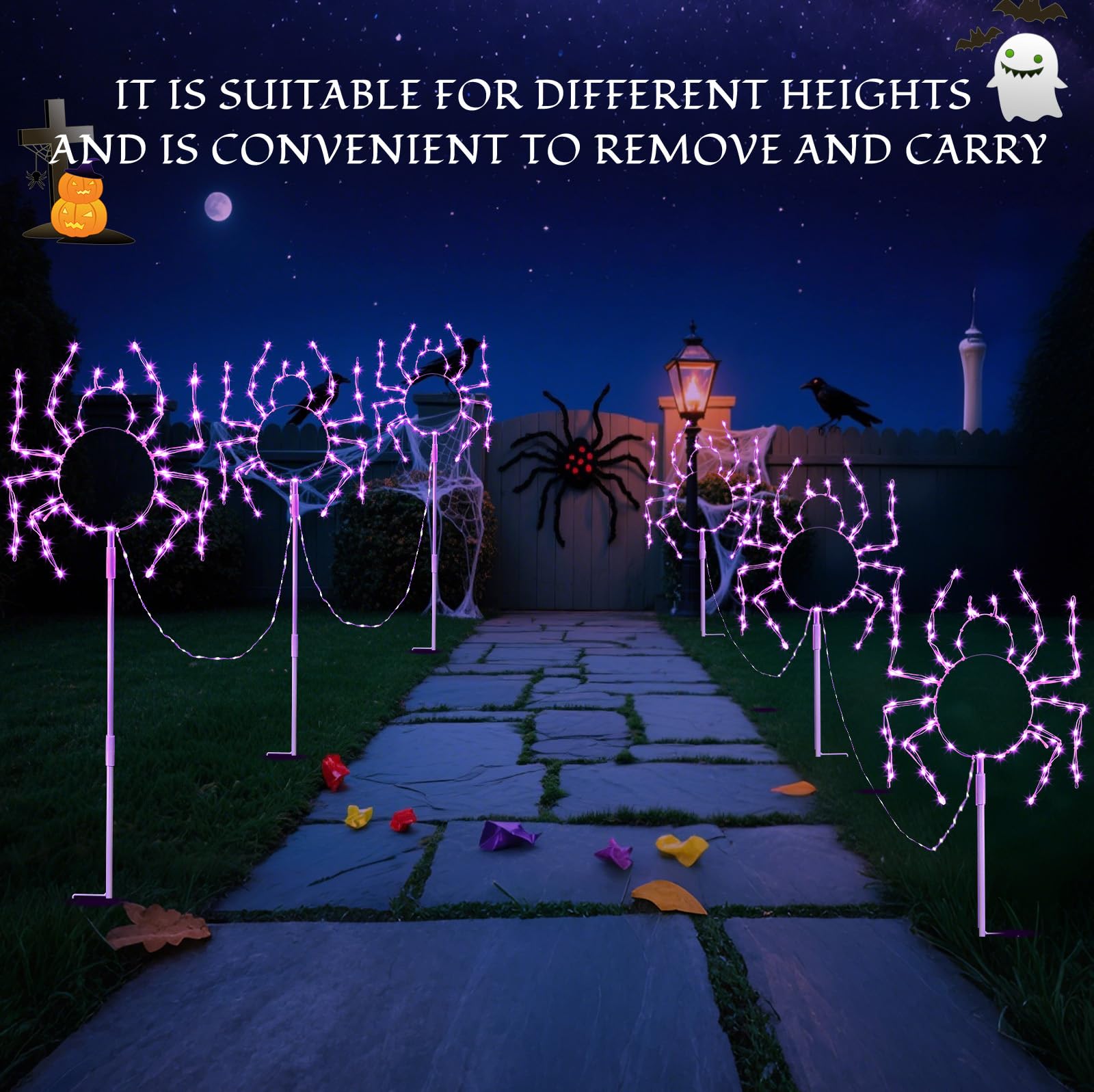 Hopolon Outdoor Halloween Spider Pathway Lights, 3-Pack, 229 LED, Purple, Waterproof with 8 Modes Timer for Garden Decor