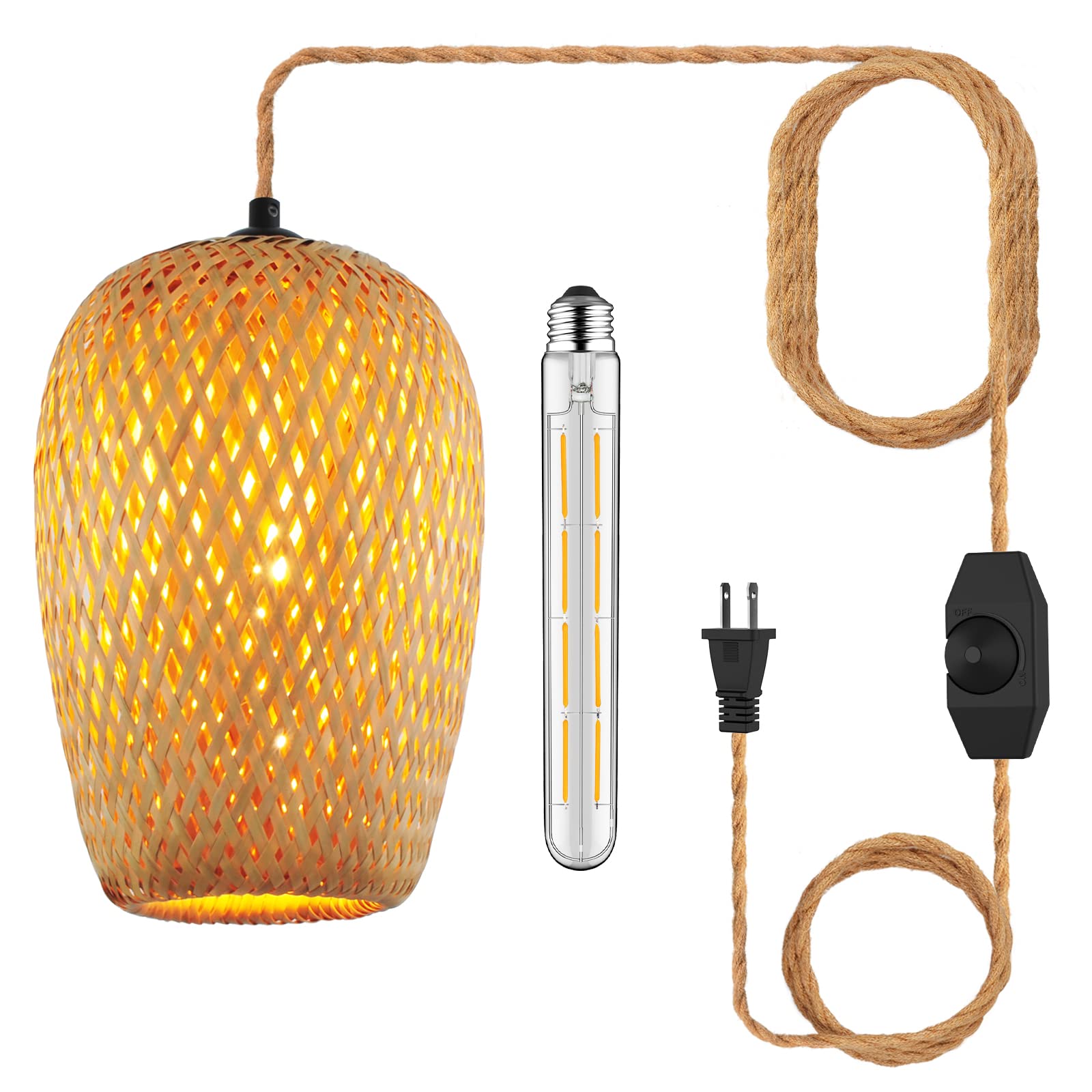 Yiizon Plug In Pendant Light Handwoven Bamboo Pendant Lamp Boho Modern Wicker Hanging Lights Rustic Country Natural Basket Hanging Lamp For Kitchen Study Bedroom Cafe 1Pack